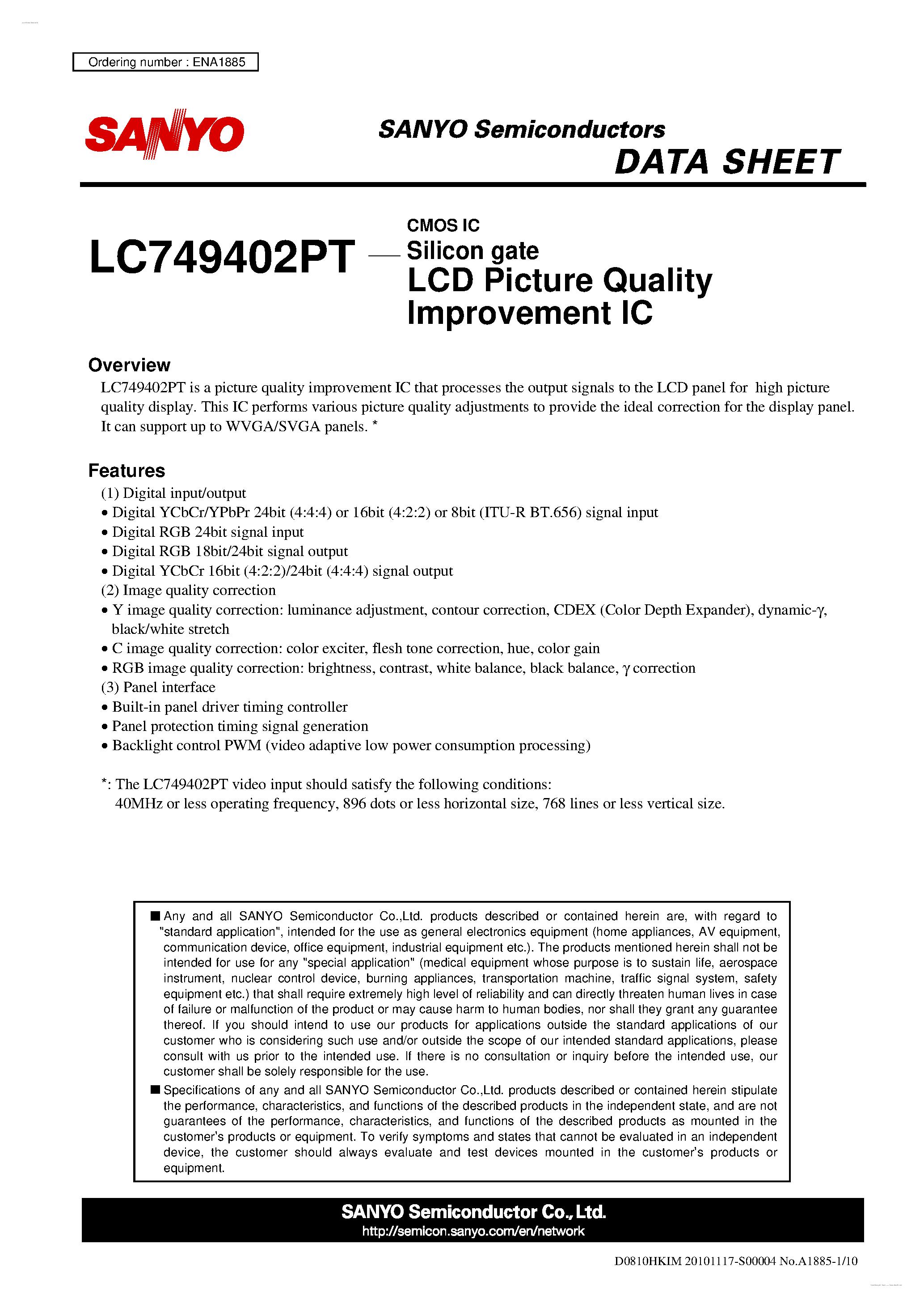 Datasheet LC749402PT - LCD Picture Quality Improvement IC page 1