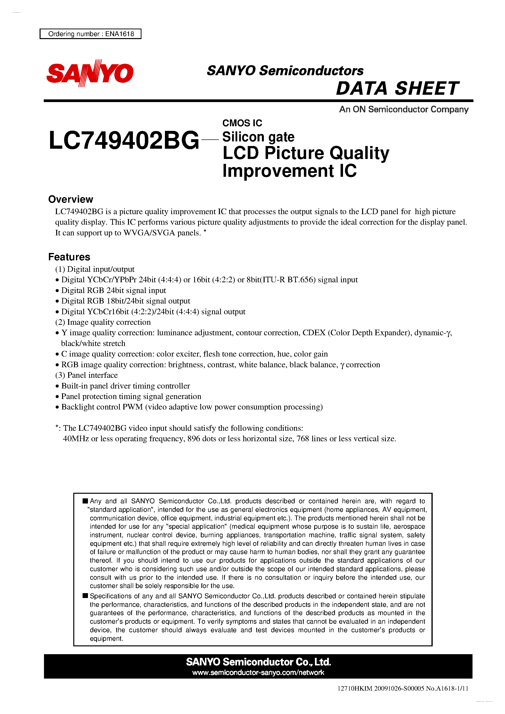 Datasheet LC749402BG page 1 Datasheet LC749402BG - LCD Picture Quality Improvement IC page 1