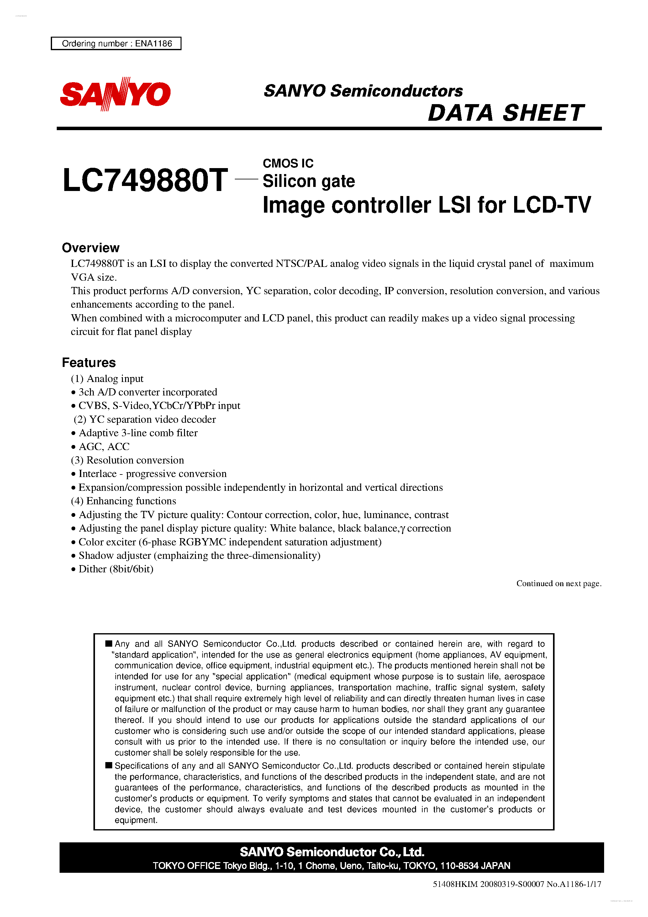 Datasheet LC749880T - Image controller LSI page 1