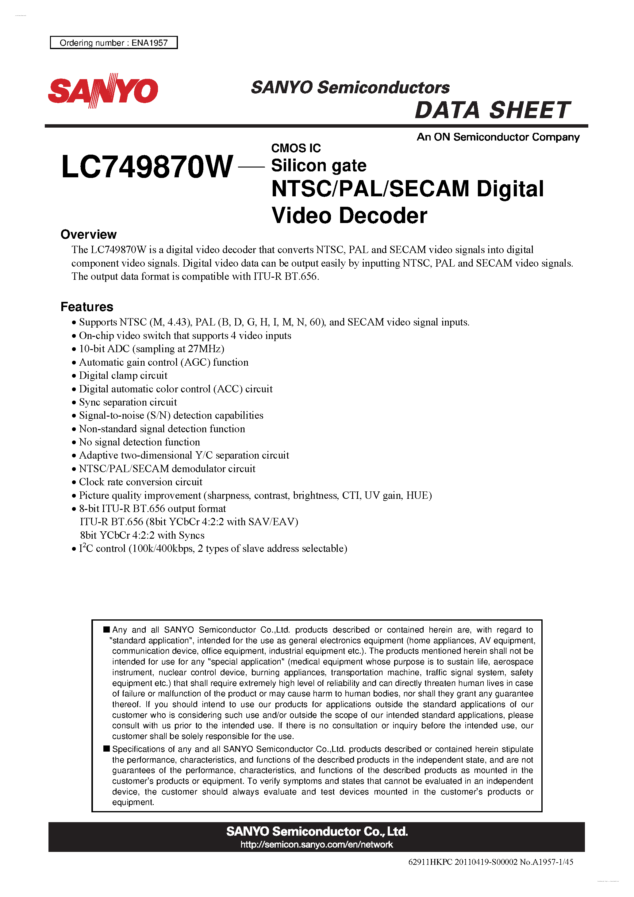 Datasheet LC749870W page 1 Datasheet LC749870W - NTSC/PAL/SECAM Digital Video Decoder page 1