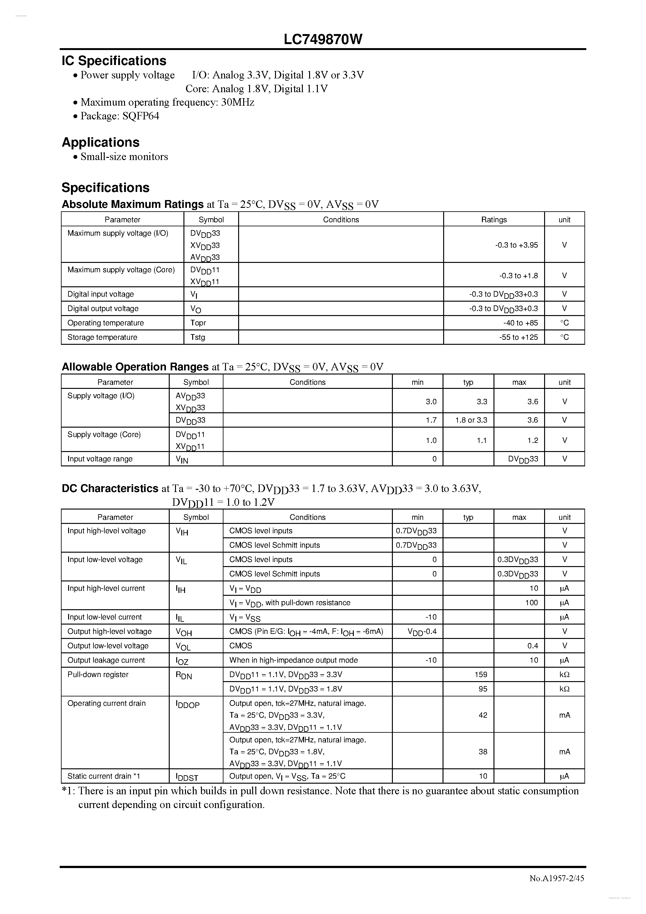 Datasheet LC749870W page 2 Datasheet LC749870W - NTSC/PAL/SECAM Digital Video Decoder page 2