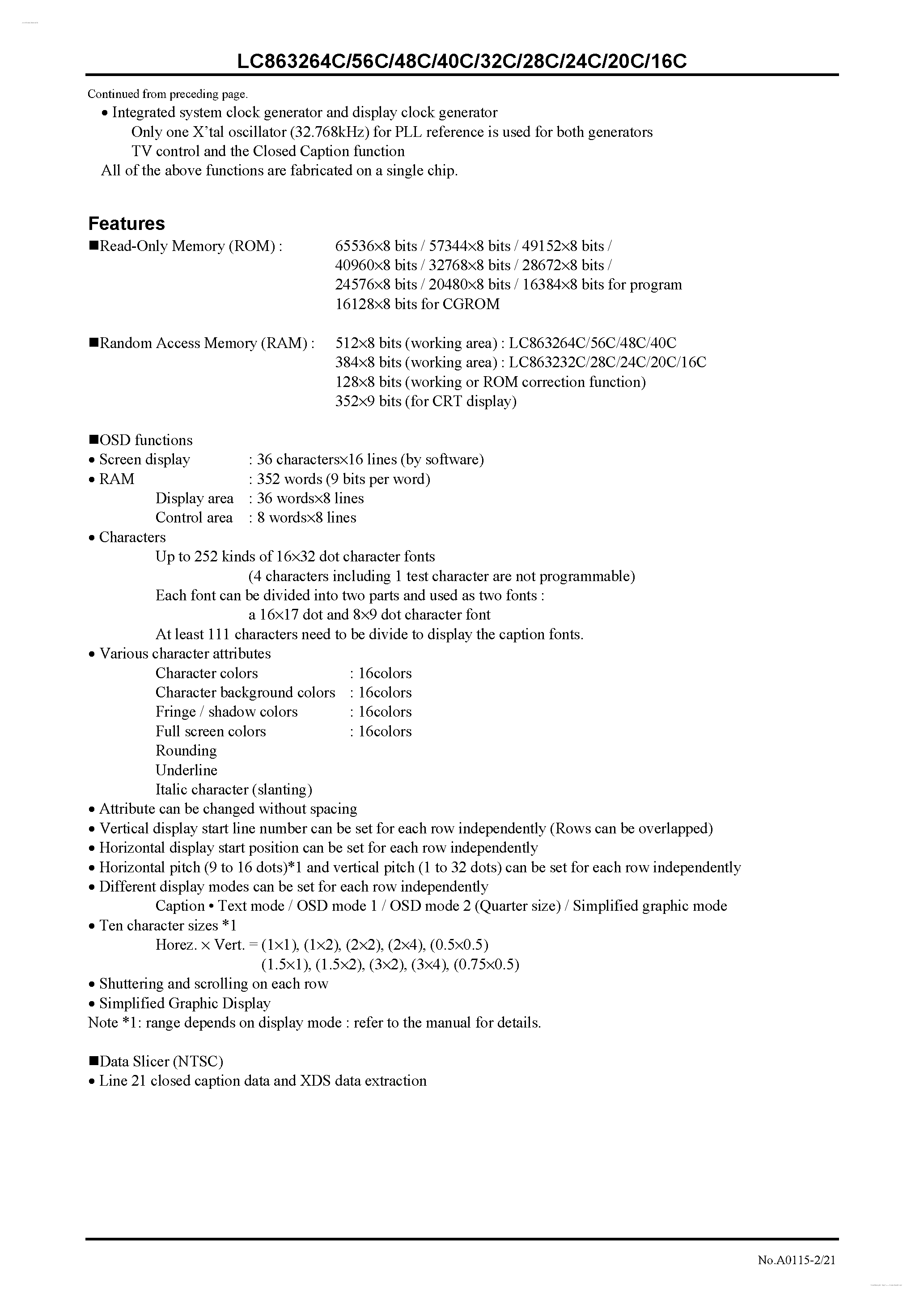 Datasheet LC863216C - 8-bit 1-chip Microcontroller page 2