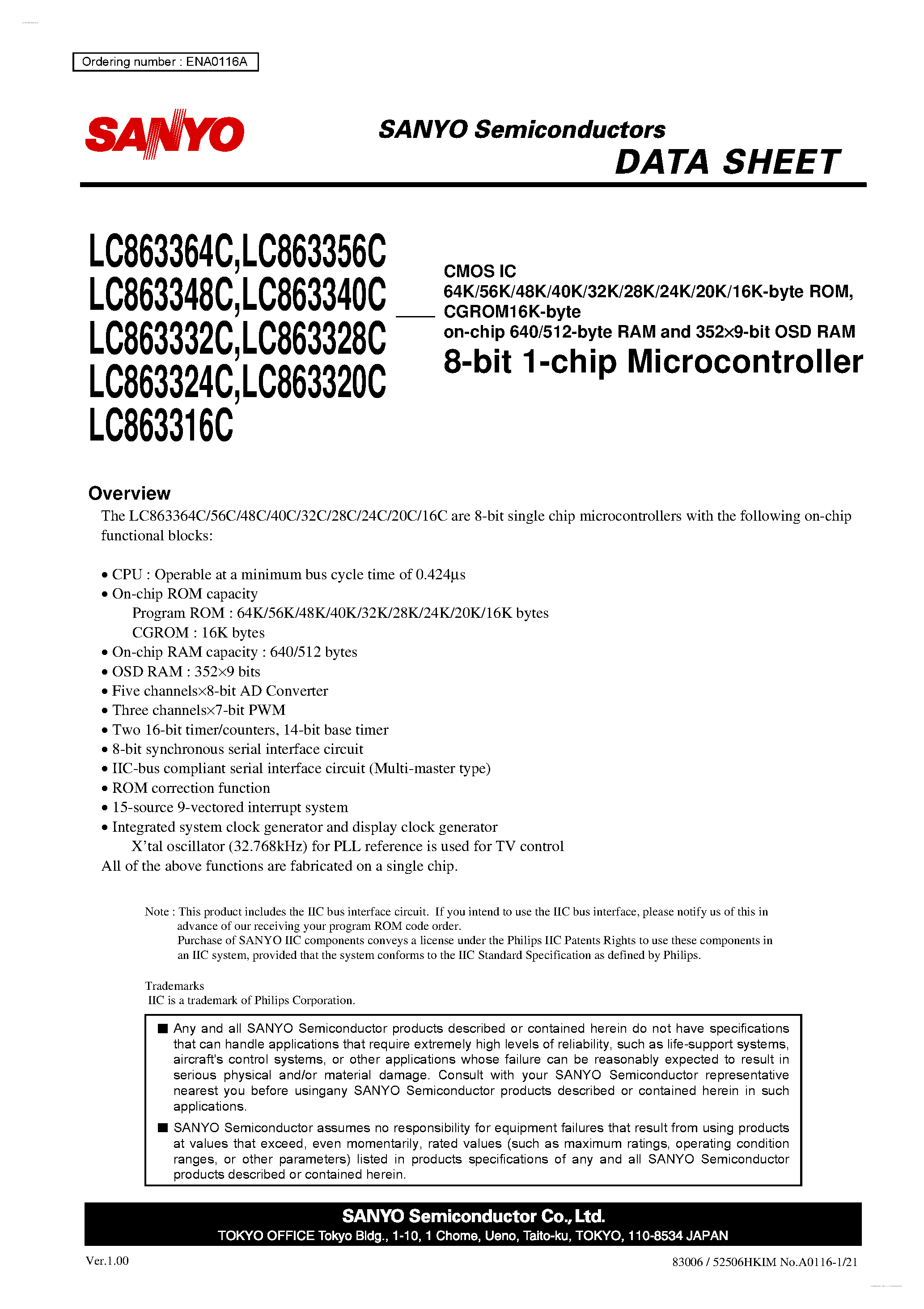 Datasheet LC863316C - 8-bit 1-chip Microcontroller page 1