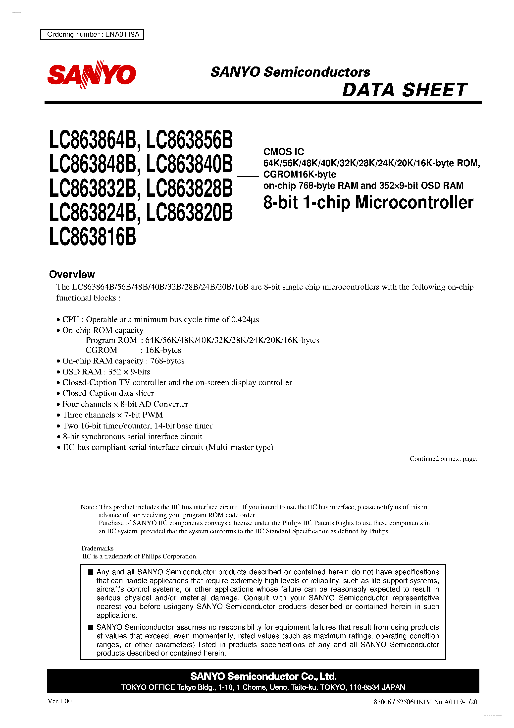Datasheet LC863816B - 8-bit 1-chip Microcontroller page 1