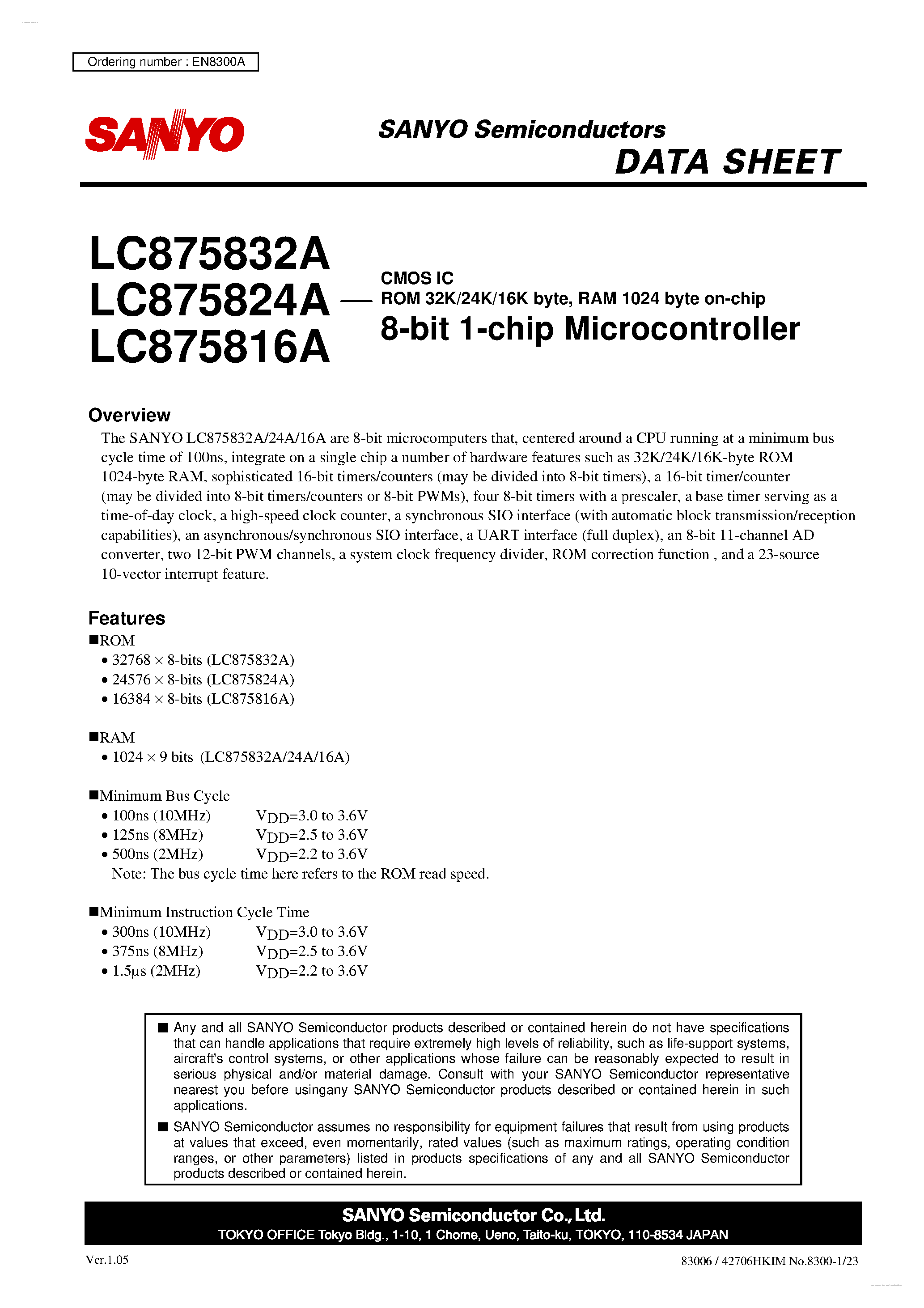 Datasheet LC875816A - (LC875816A - LC875832A) 8-bit 1-chip Microcontroller page 1