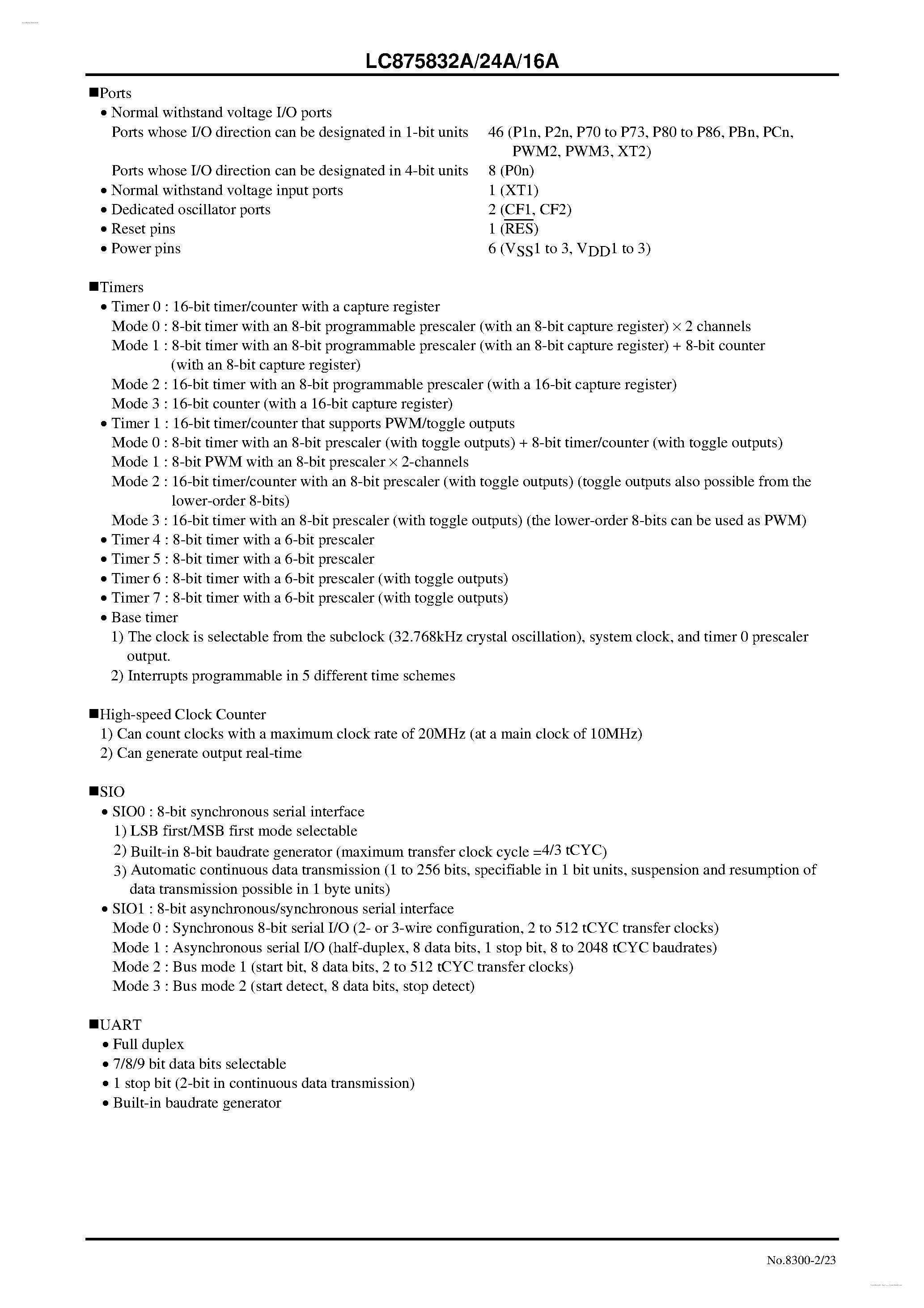 Datasheet LC875816A - (LC875816A - LC875832A) 8-bit 1-chip Microcontroller page 2