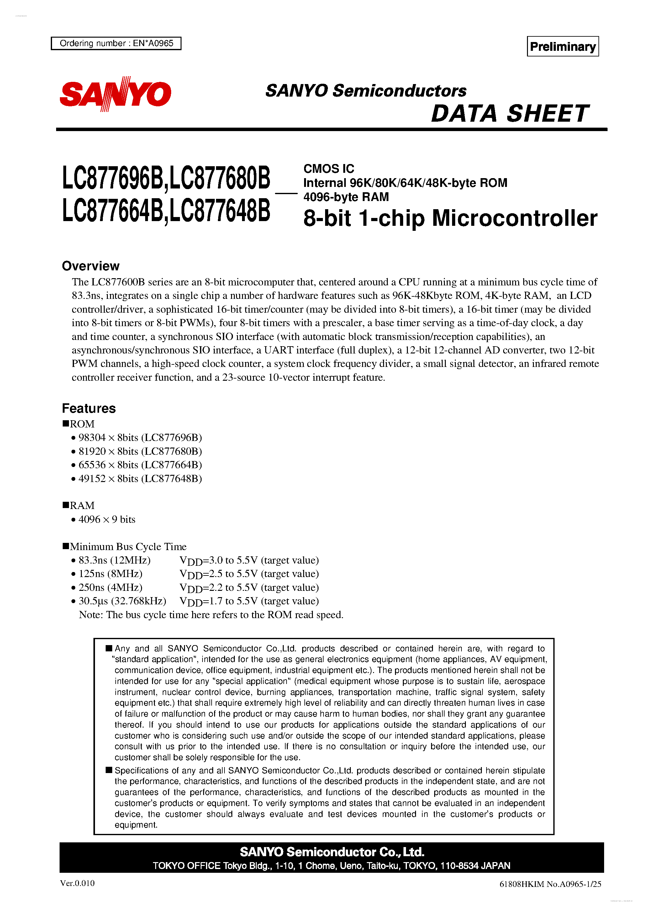 Datasheet LC877648B - 8-bit 1-chip Microcontroller page 1