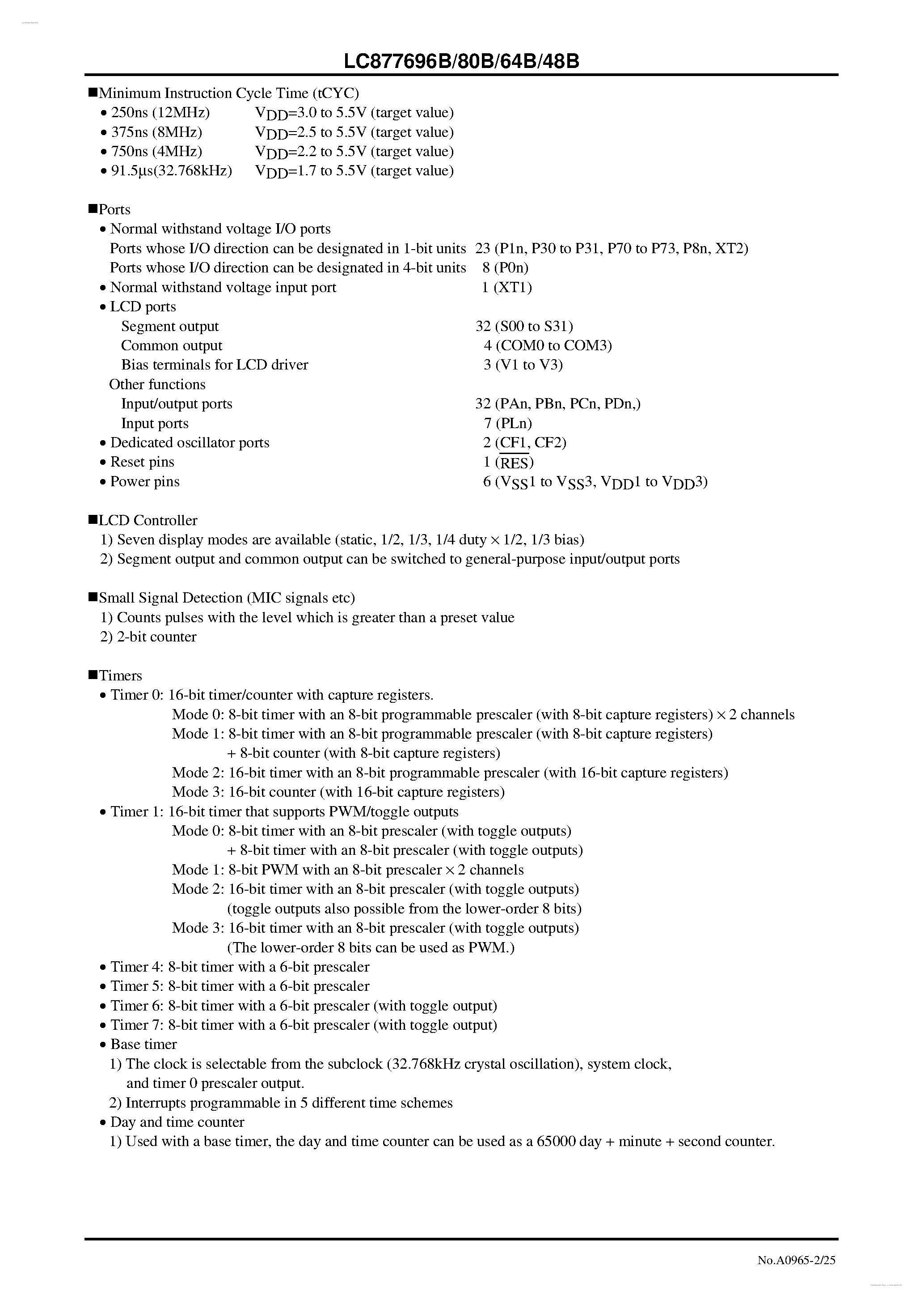 Datasheet LC877648B - 8-bit 1-chip Microcontroller page 2