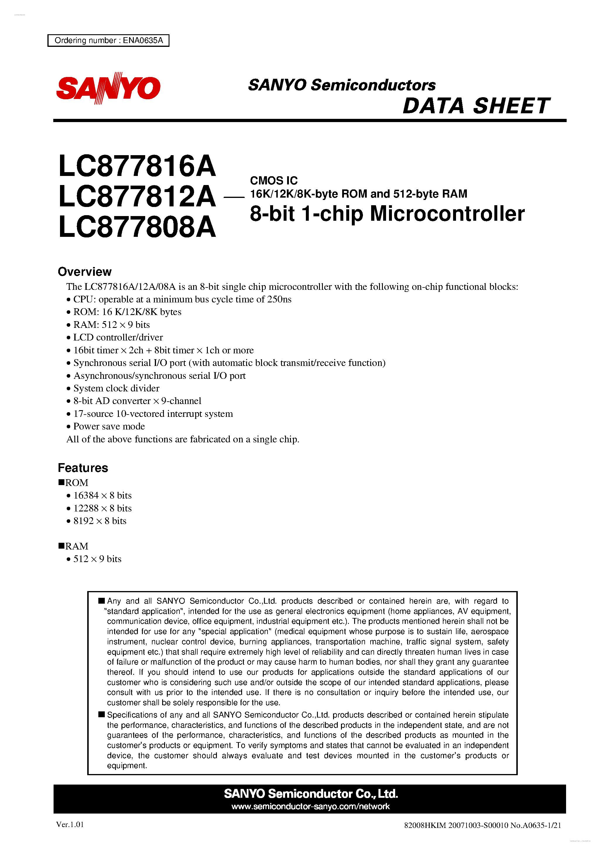 Datasheet LC877808A - (LC877808A - LC877816A) 8-bit 1-chip Microcontroller page 1