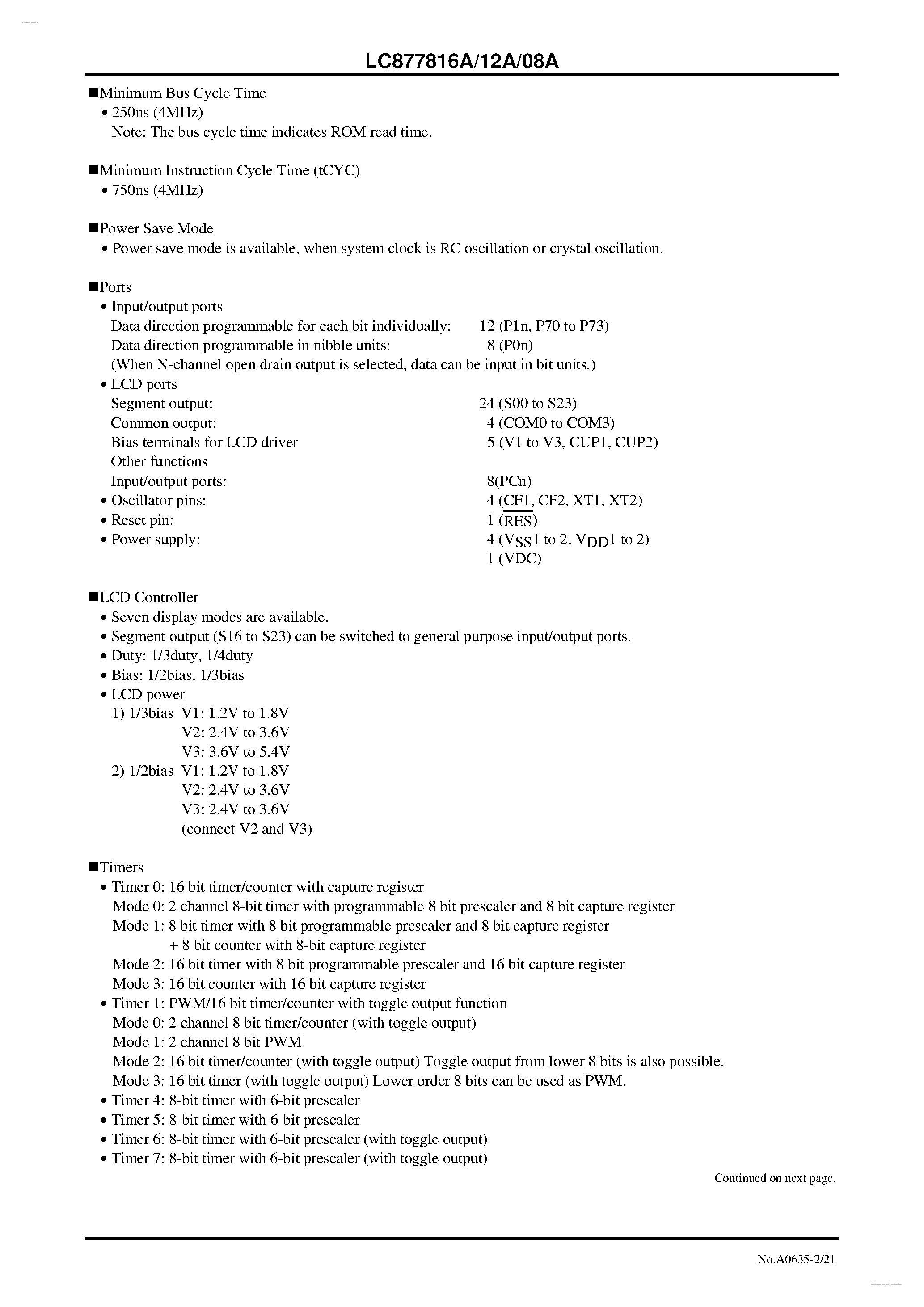 Datasheet LC877808A - (LC877808A - LC877816A) 8-bit 1-chip Microcontroller page 2