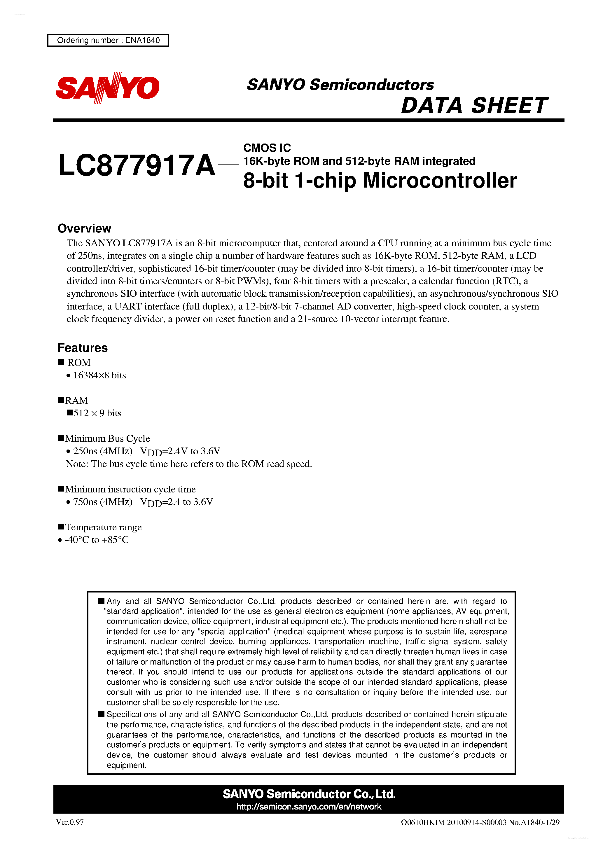 Datasheet LC877917A - 8-bit 1-chip Microcontroller page 1