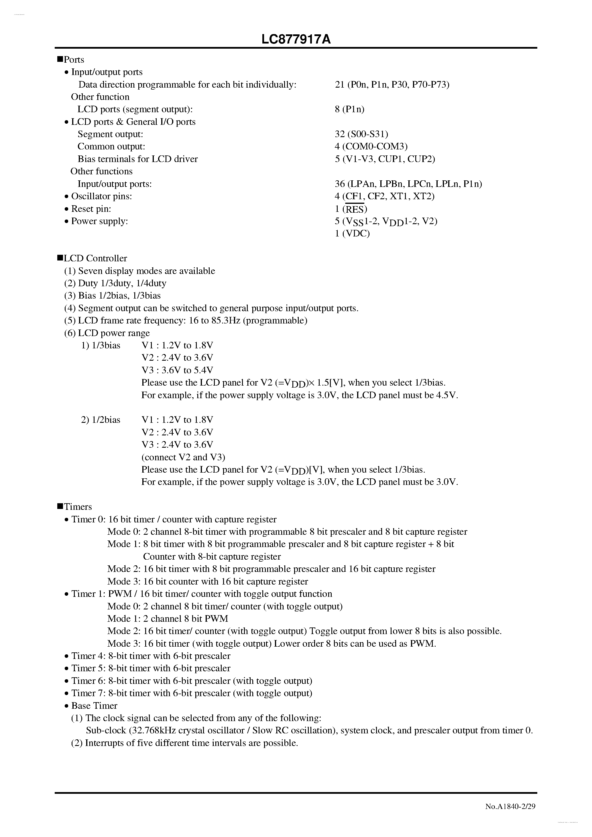 Datasheet LC877917A - 8-bit 1-chip Microcontroller page 2