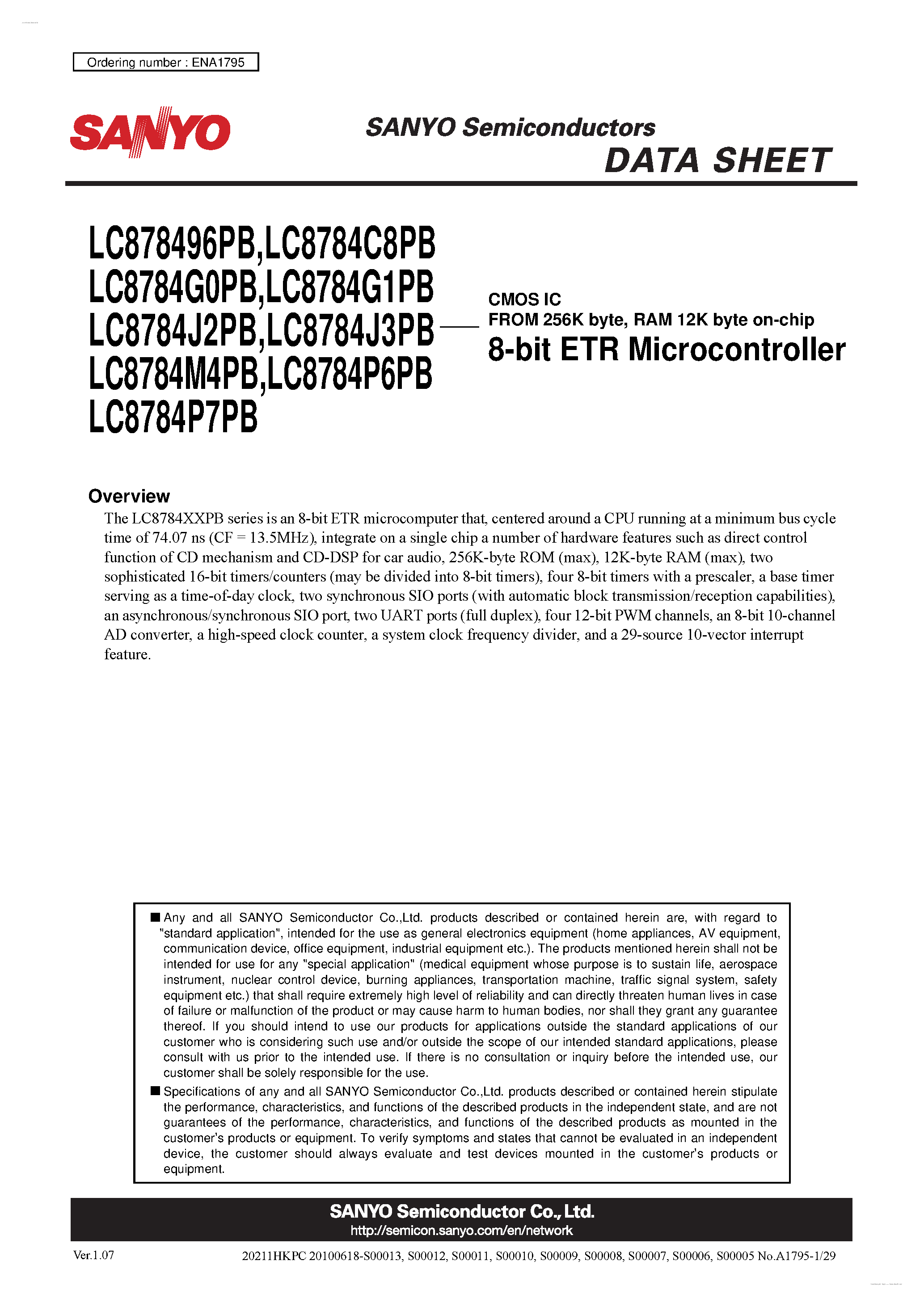 Datasheet LC878496PB - 8-bit ETR Microcontroller page 1