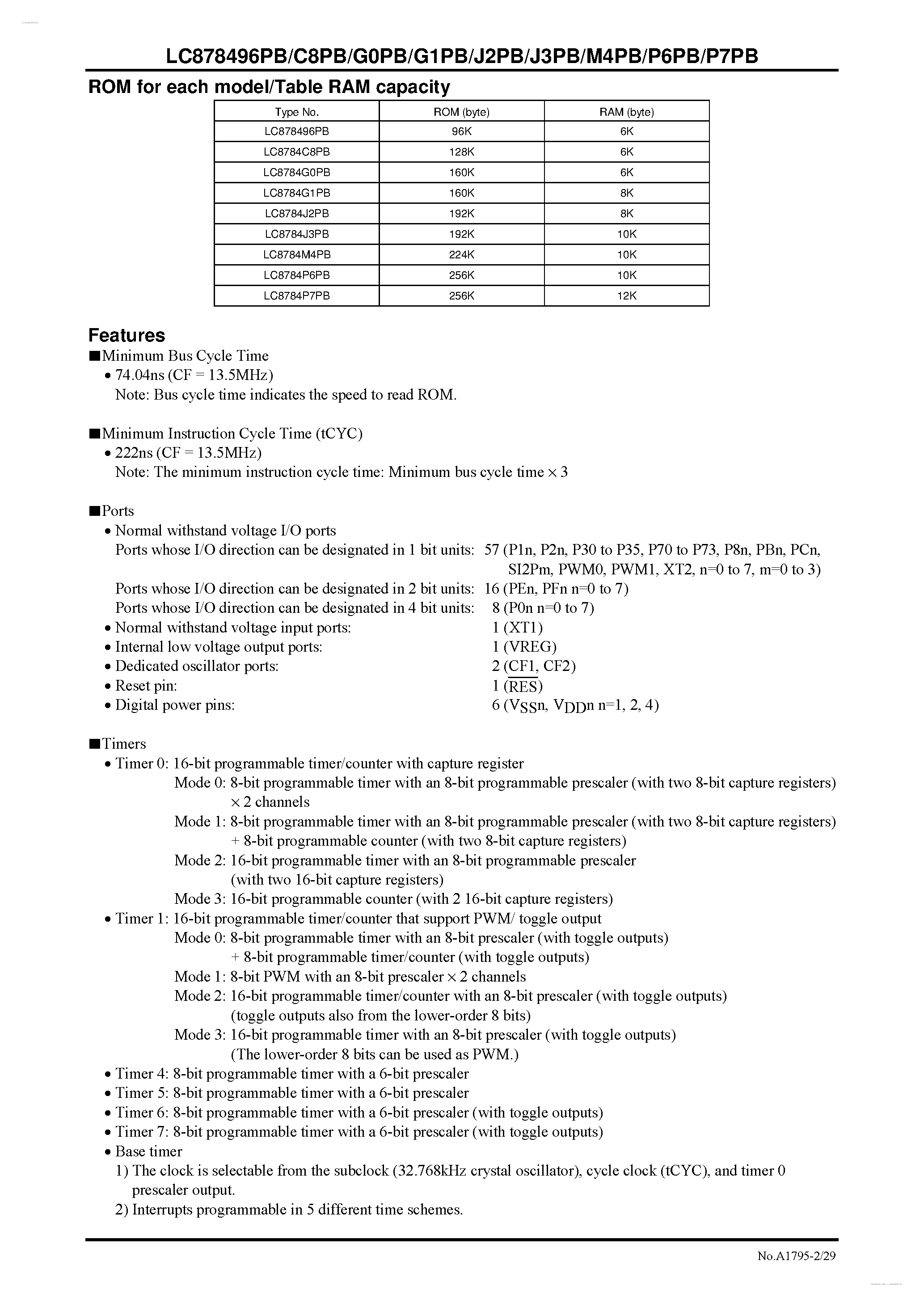 Datasheet LC878496PB - 8-bit ETR Microcontroller page 2