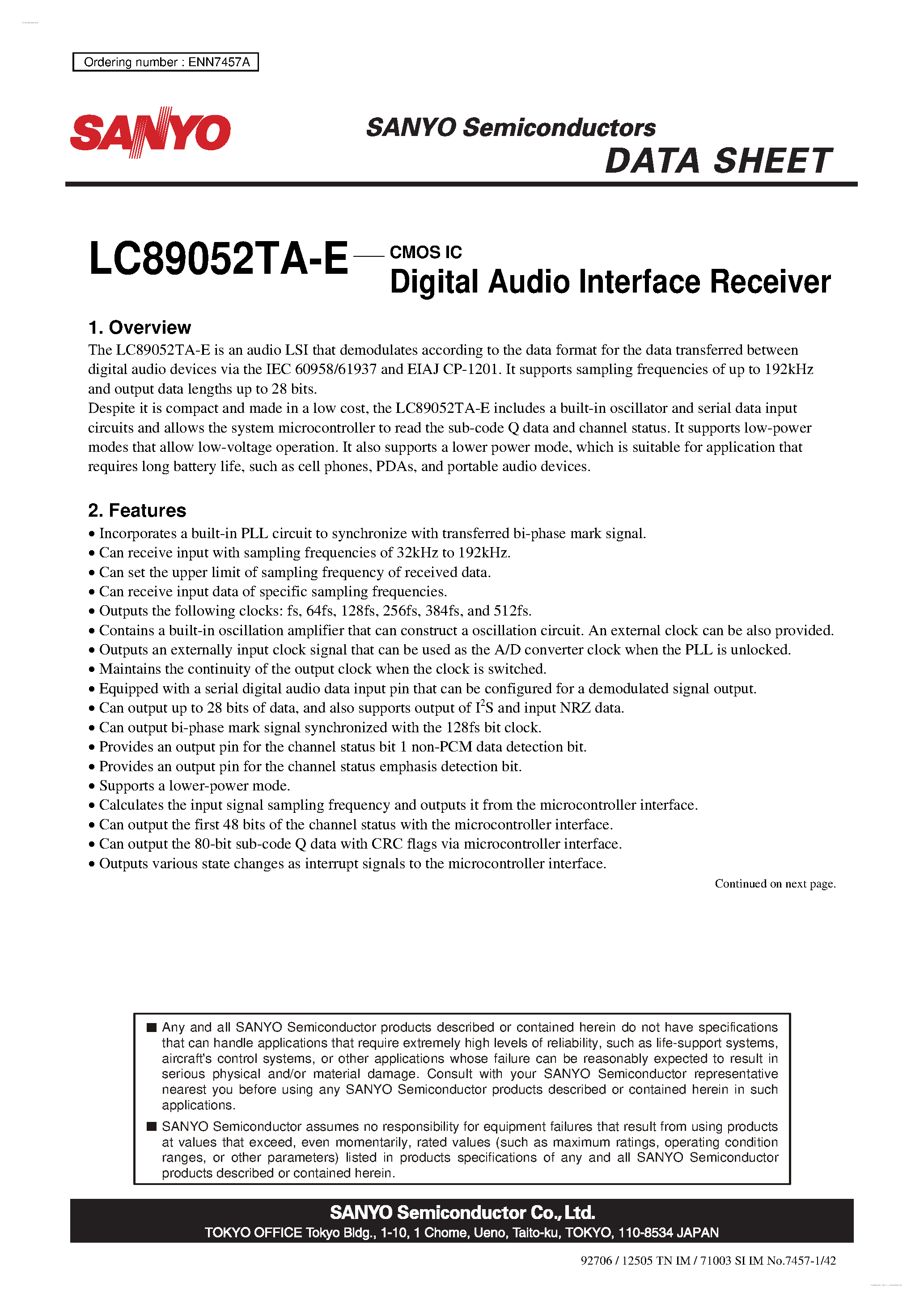 Даташит LC89052TA-E - Digital Audio Interface Receiver страница 1