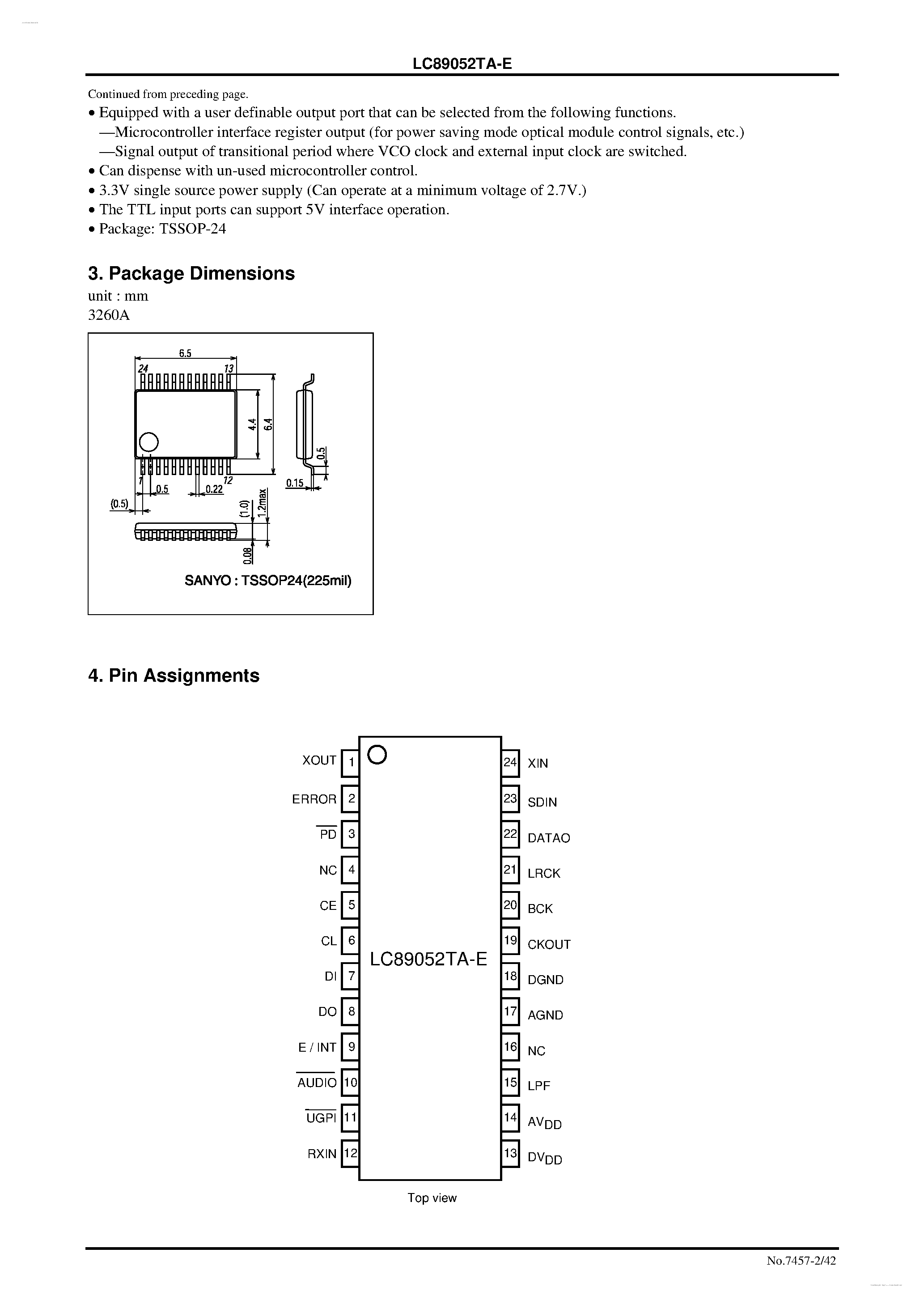 Даташит на микросхему LC89052TA-E страница 2 Даташит LC89052TA-E - Digital Audio Interface Receiver страница 2