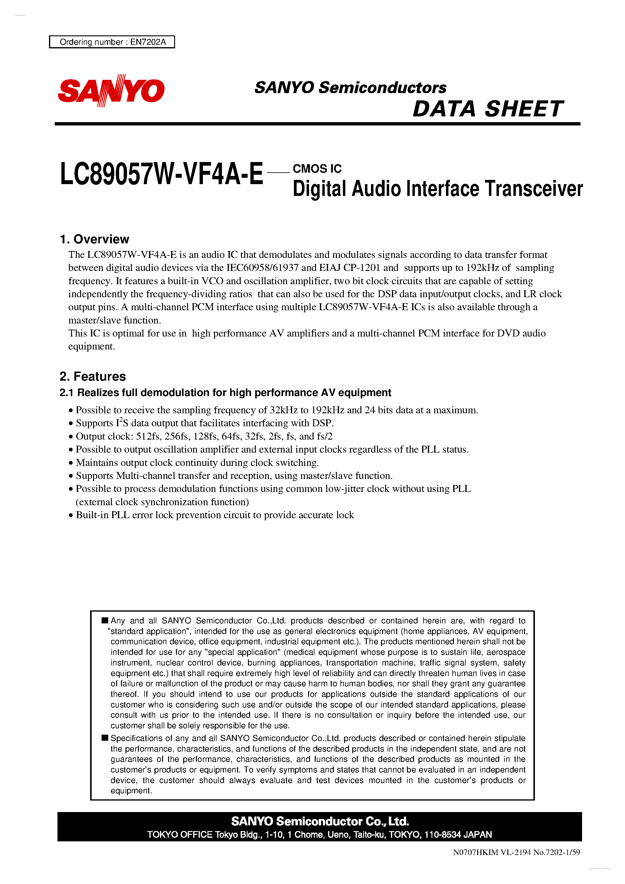 Даташит на микросхему LC89057W-VF4A-E страница 1 Даташит LC89057W-VF4A-E - Digital Audio Interface Transceiver страница 1