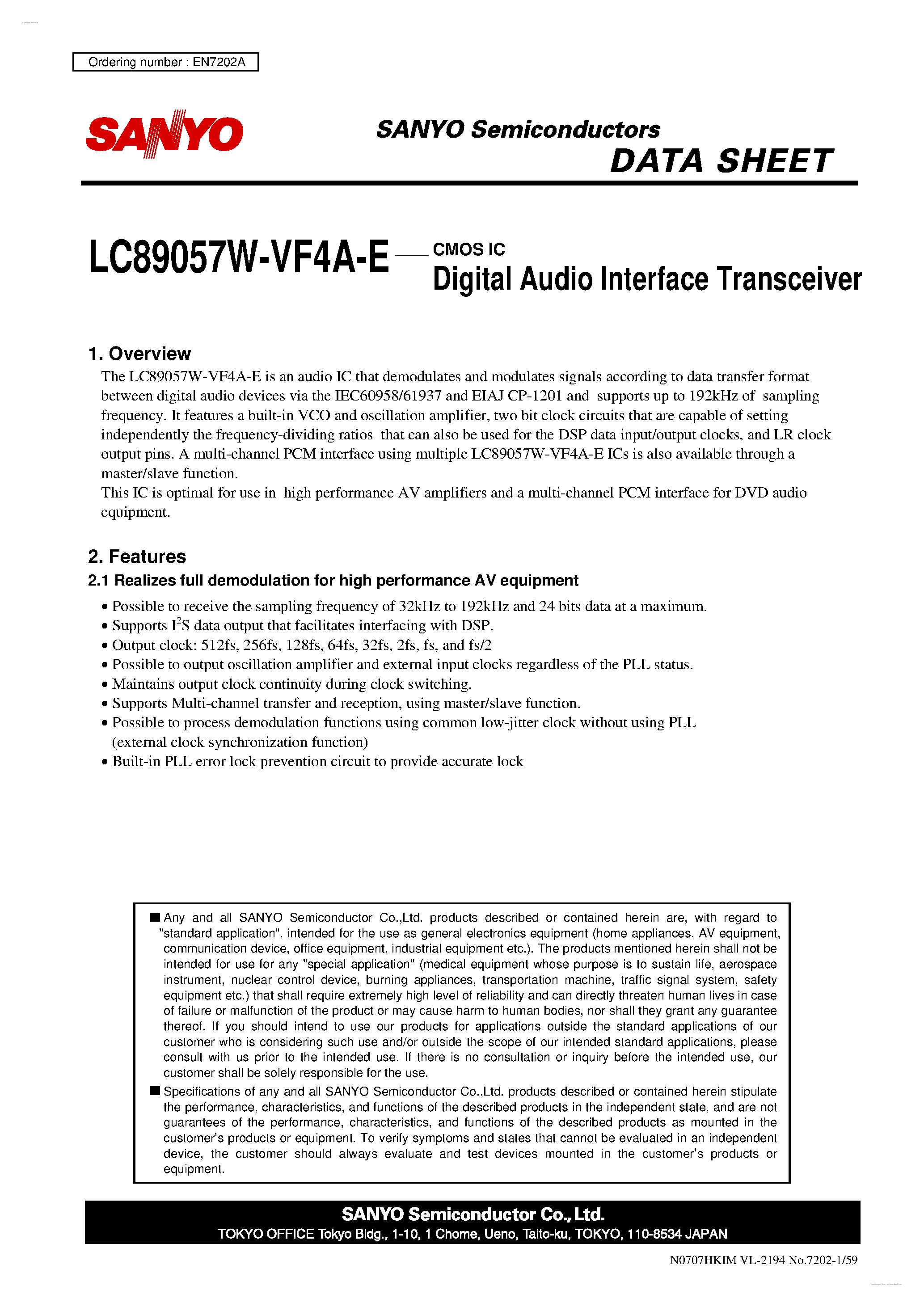 Даташит LC89057W-VF4A-E - Digital Audio Interface Transceiver страница 1