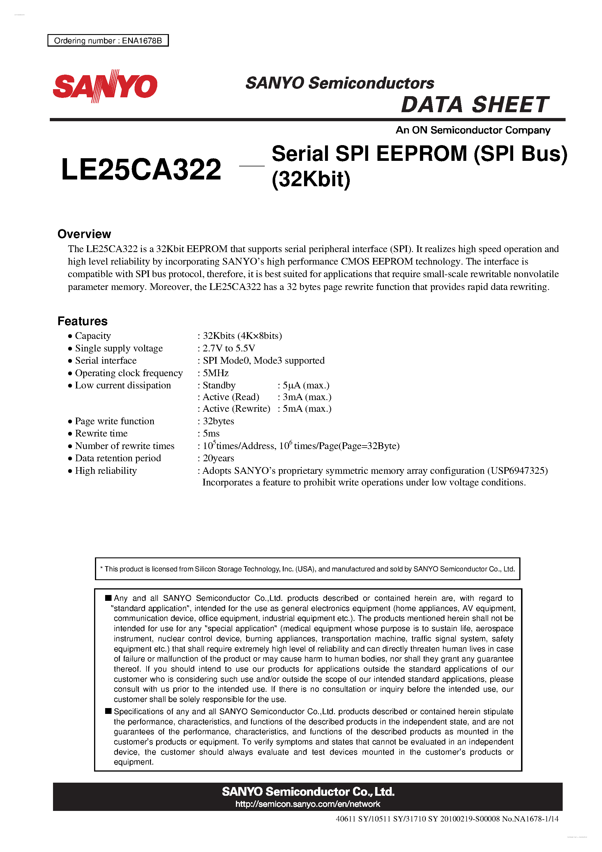Datasheet LE25CA322 - Serial SPI EEPROM page 1