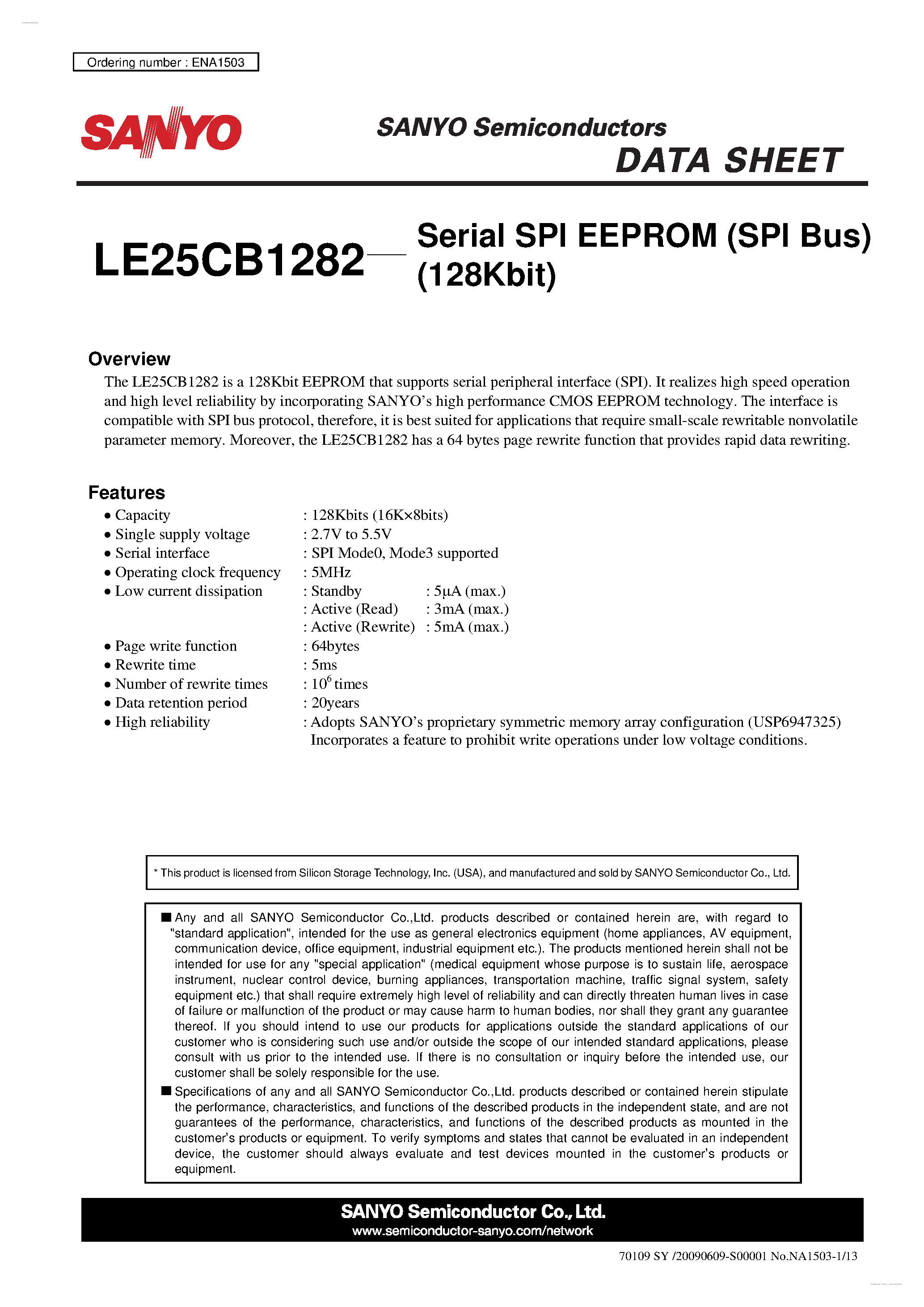 Datasheet LE25CB1282 - Serial SPI EEPROM page 1