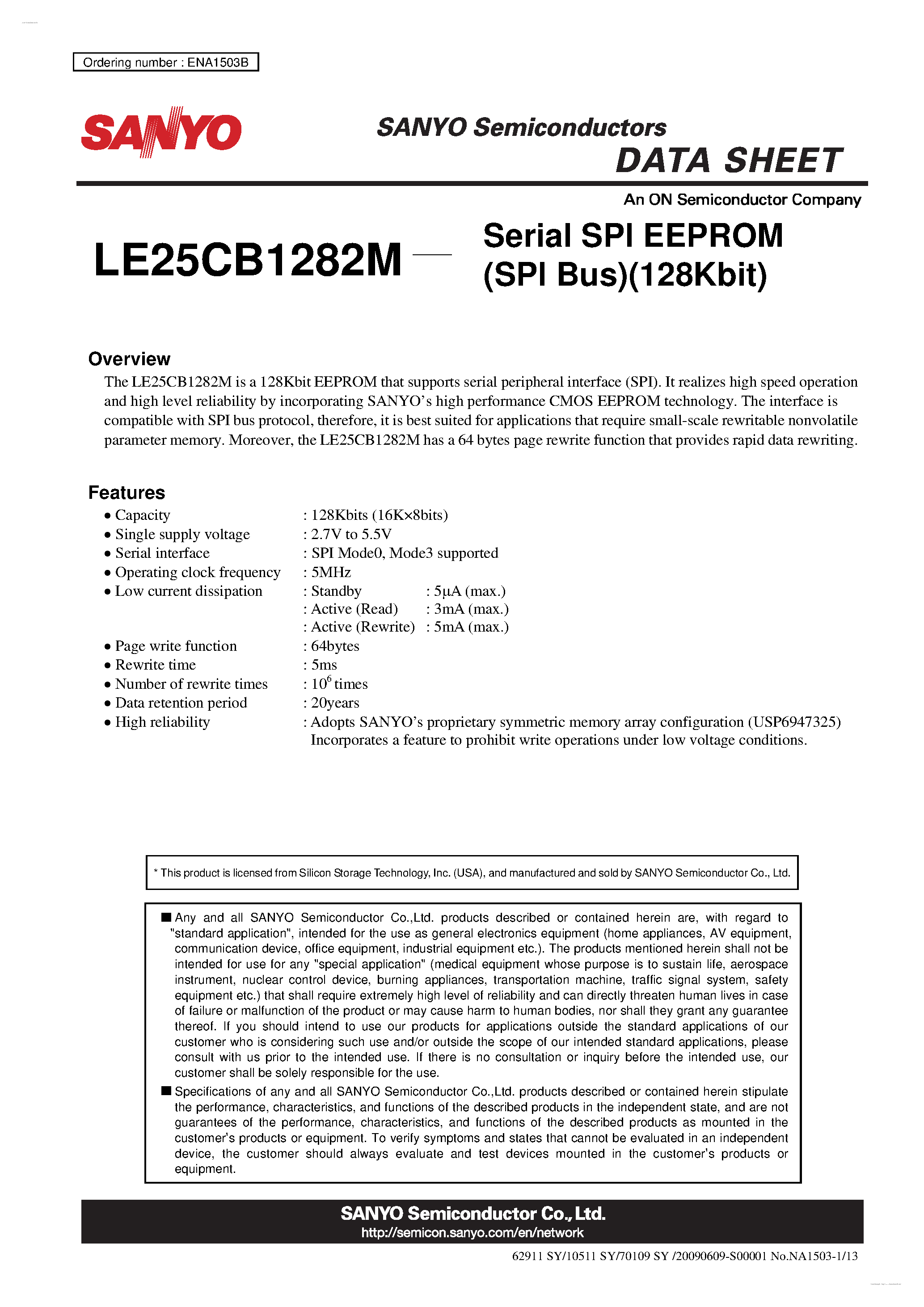 Datasheet LE25CB1282M - Serial SPI EEPROM page 1