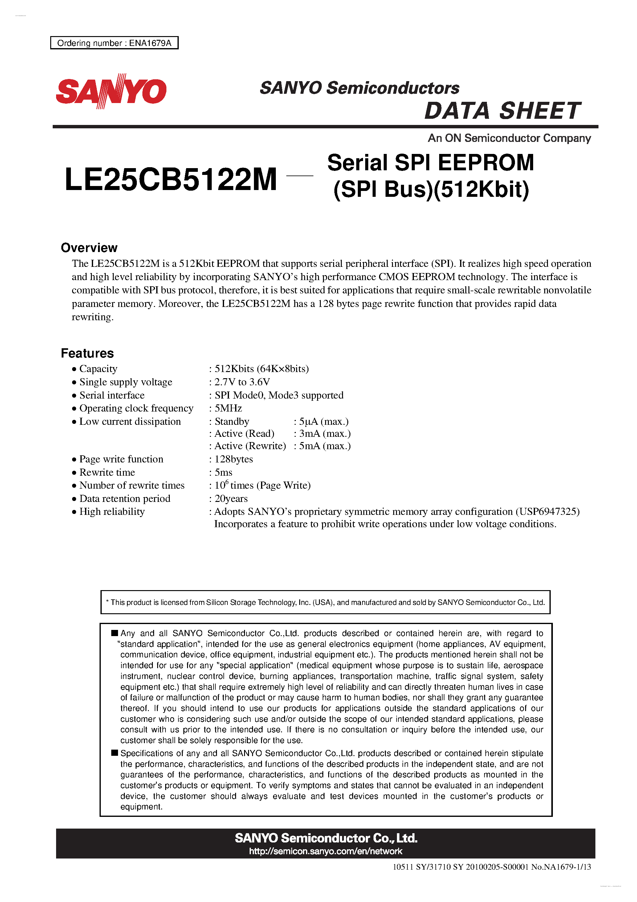 Datasheet LE25CB5122M - Serial SPI EEPROM page 1