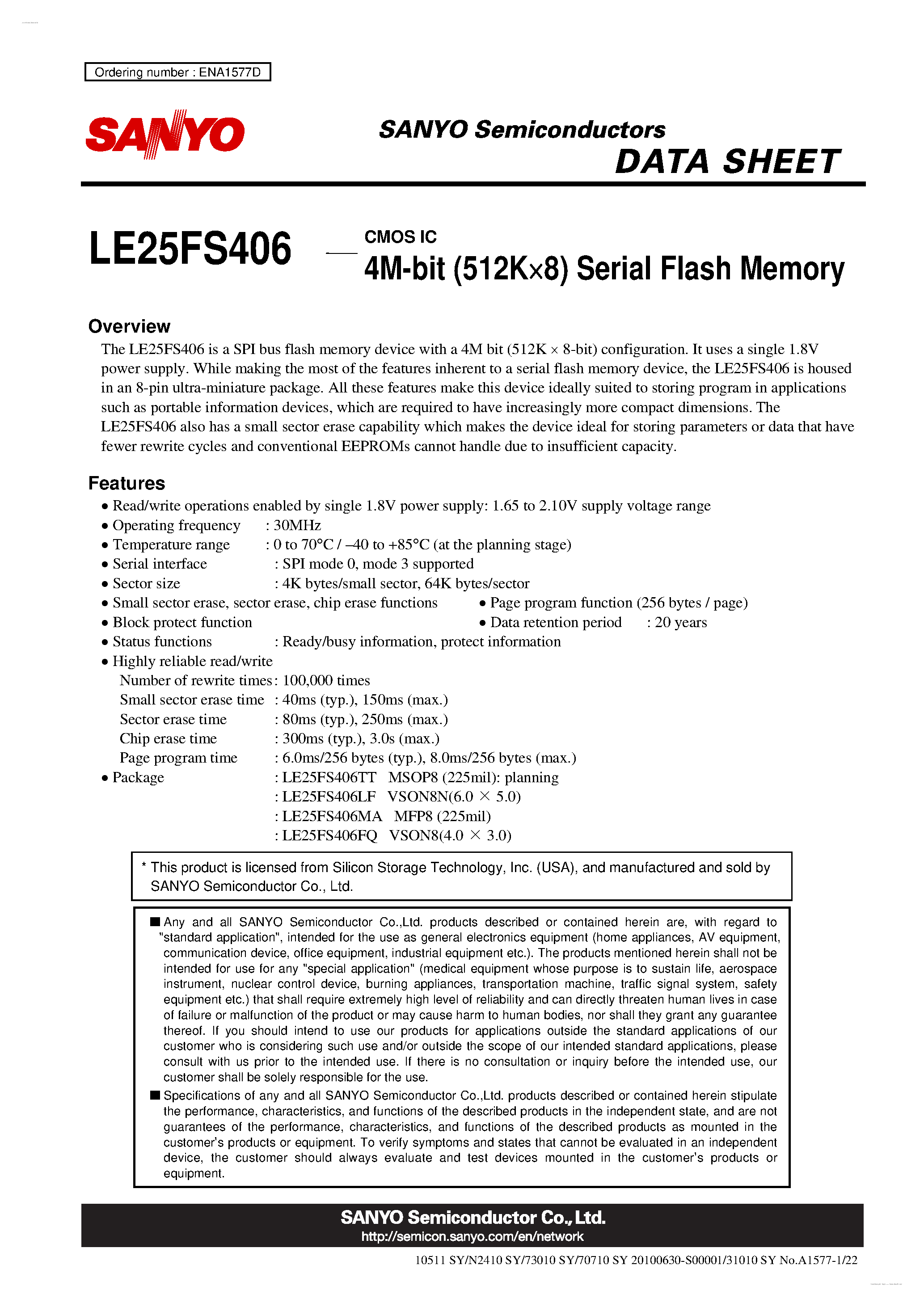 Даташит LE25FS406 - 4M-bit (512K X 8) Serial Flash Memory страница 1