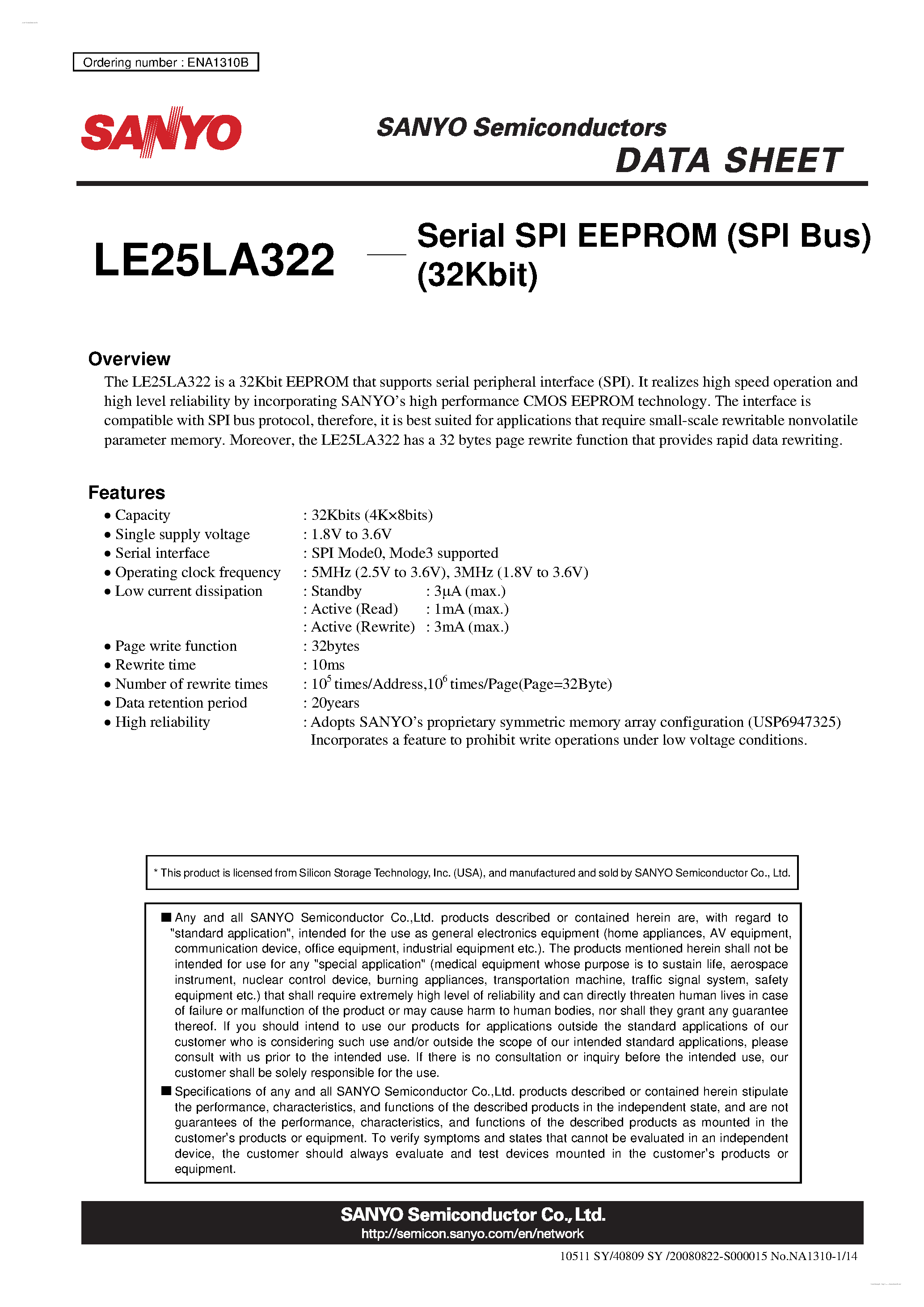 Datasheet LE25LA322 - Serial SPI EEPROM page 1
