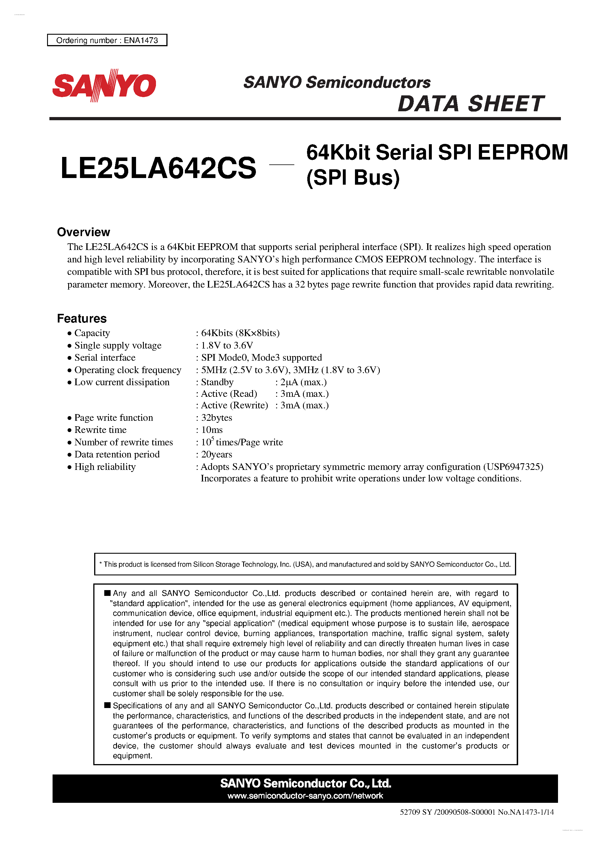 Datasheet LE25LA642CS page 1 Datasheet LE25LA642CS - Serial SPI EEPROM page 1