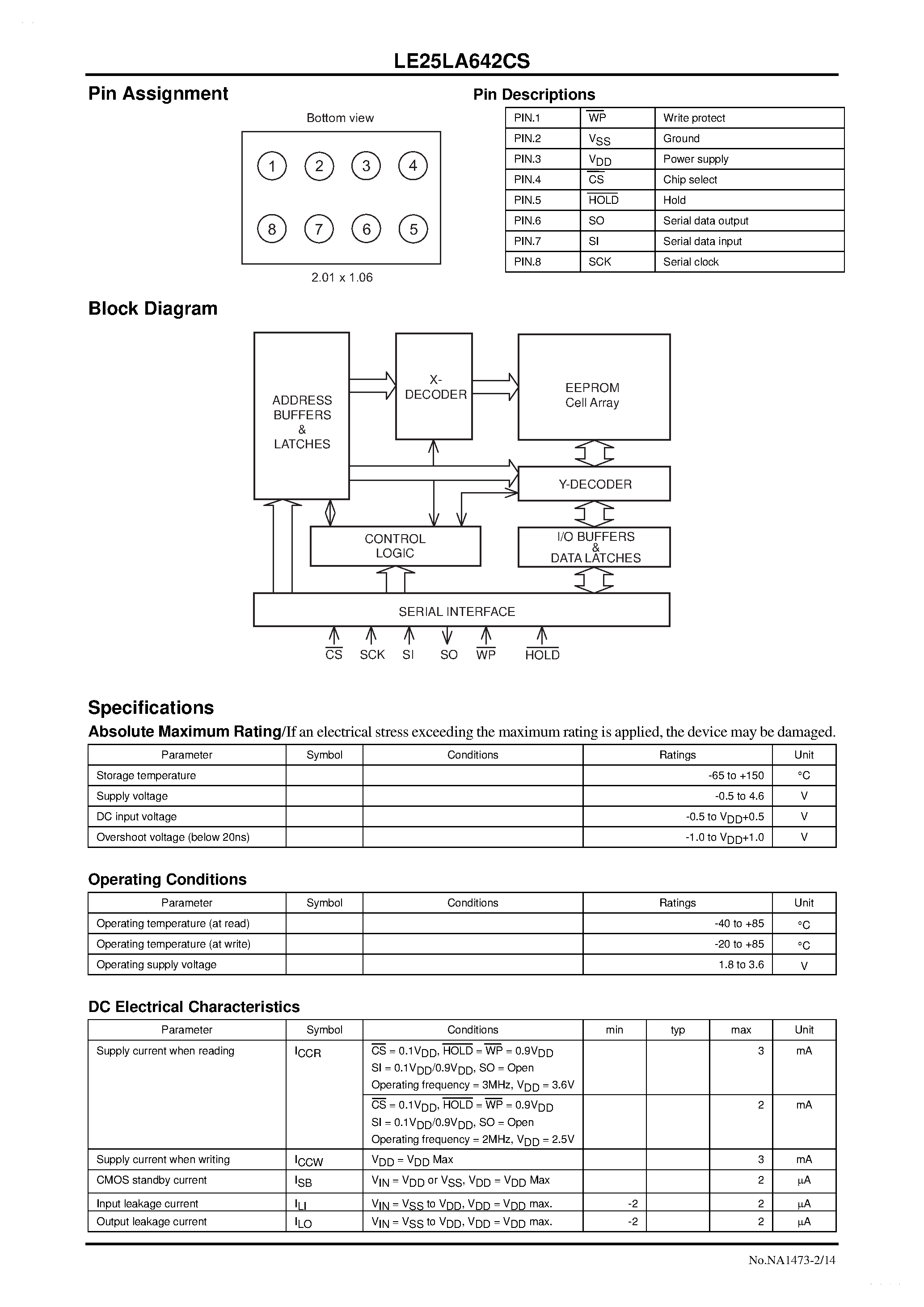 Datasheet LE25LA642CS page 2 Datasheet LE25LA642CS - Serial SPI EEPROM page 2