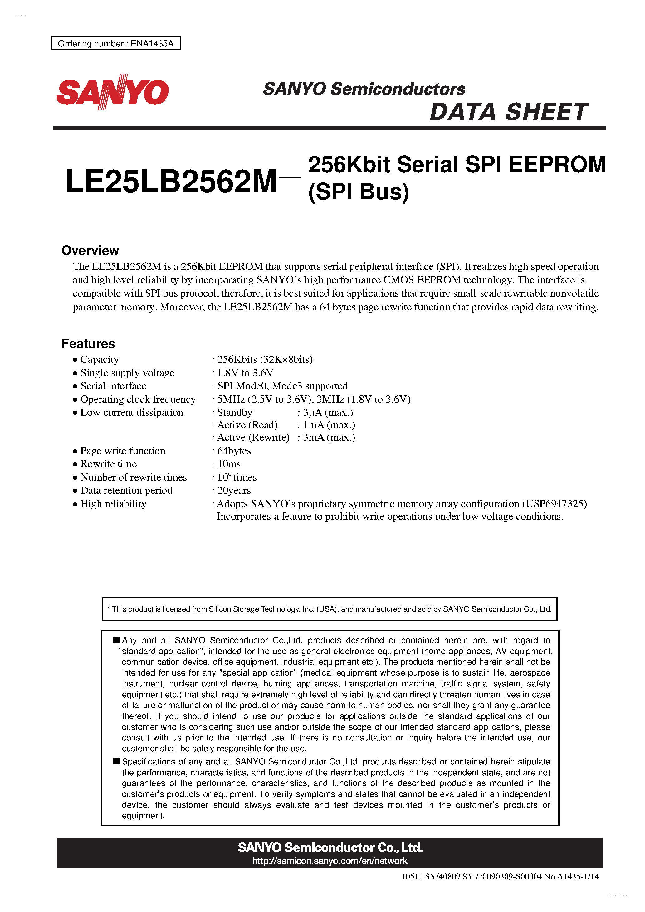 Datasheet LE25LB2562M - Serial SPI EEPROM page 1