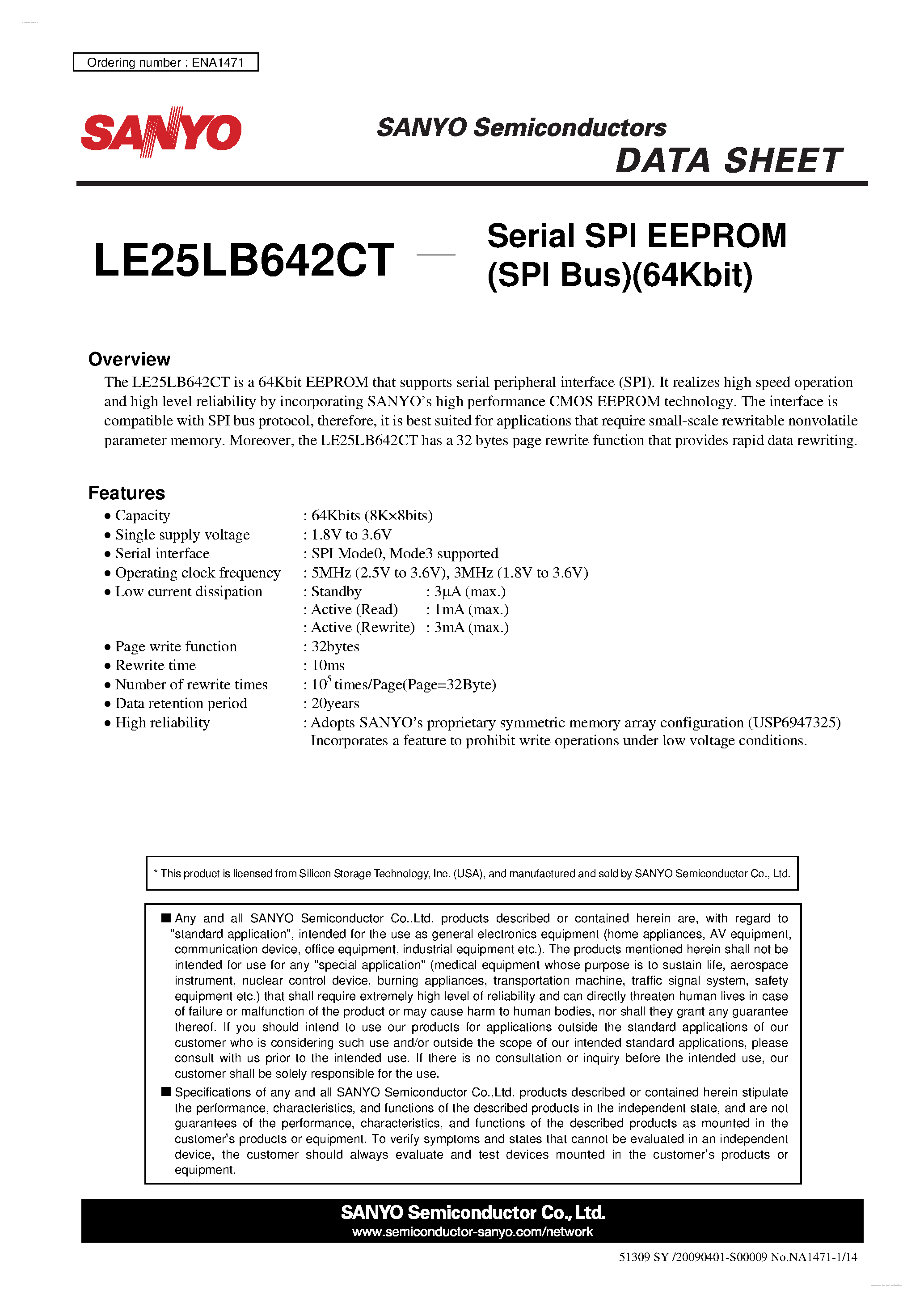Datasheet LE25LB642CT - Serial SPI EEPROM page 1