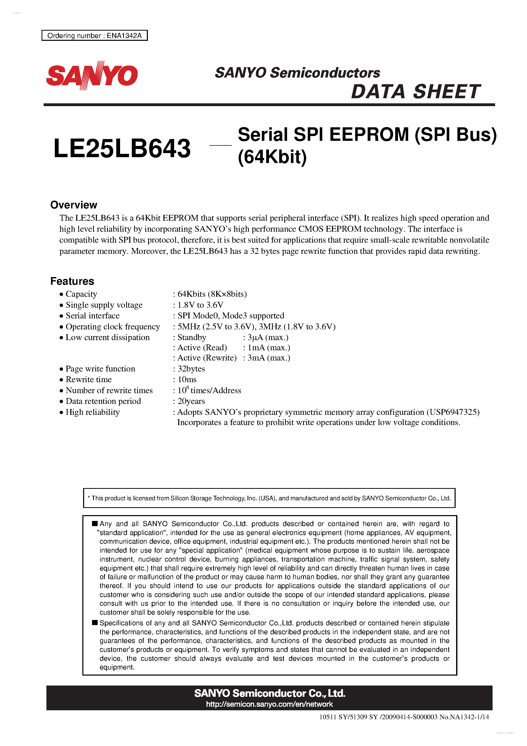 Datasheet LE25LB643 page 1 Datasheet LE25LB643 - Serial SPI EEPROM page 1