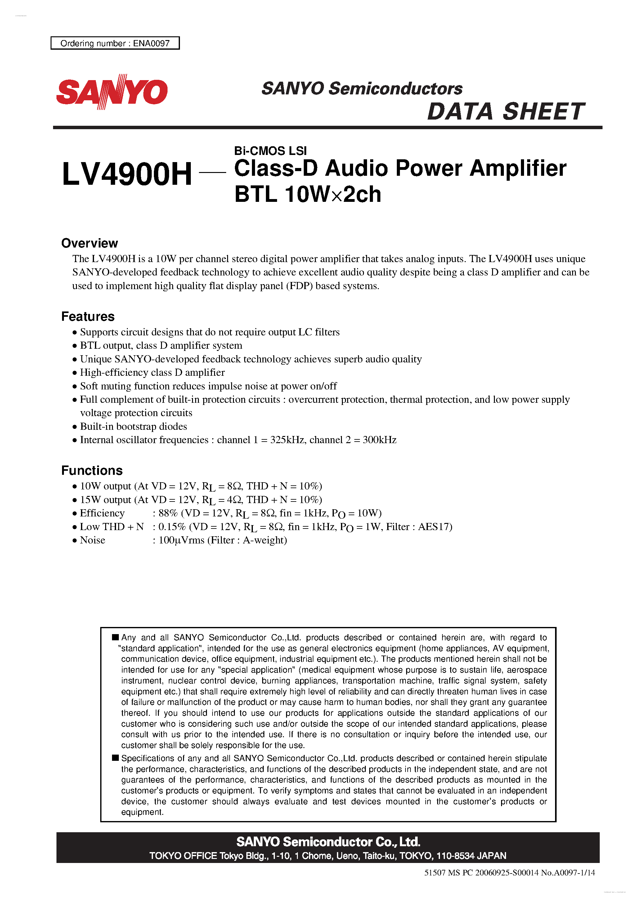 Даташит LV4900H - Class-D Audio Power Amplifier страница 1