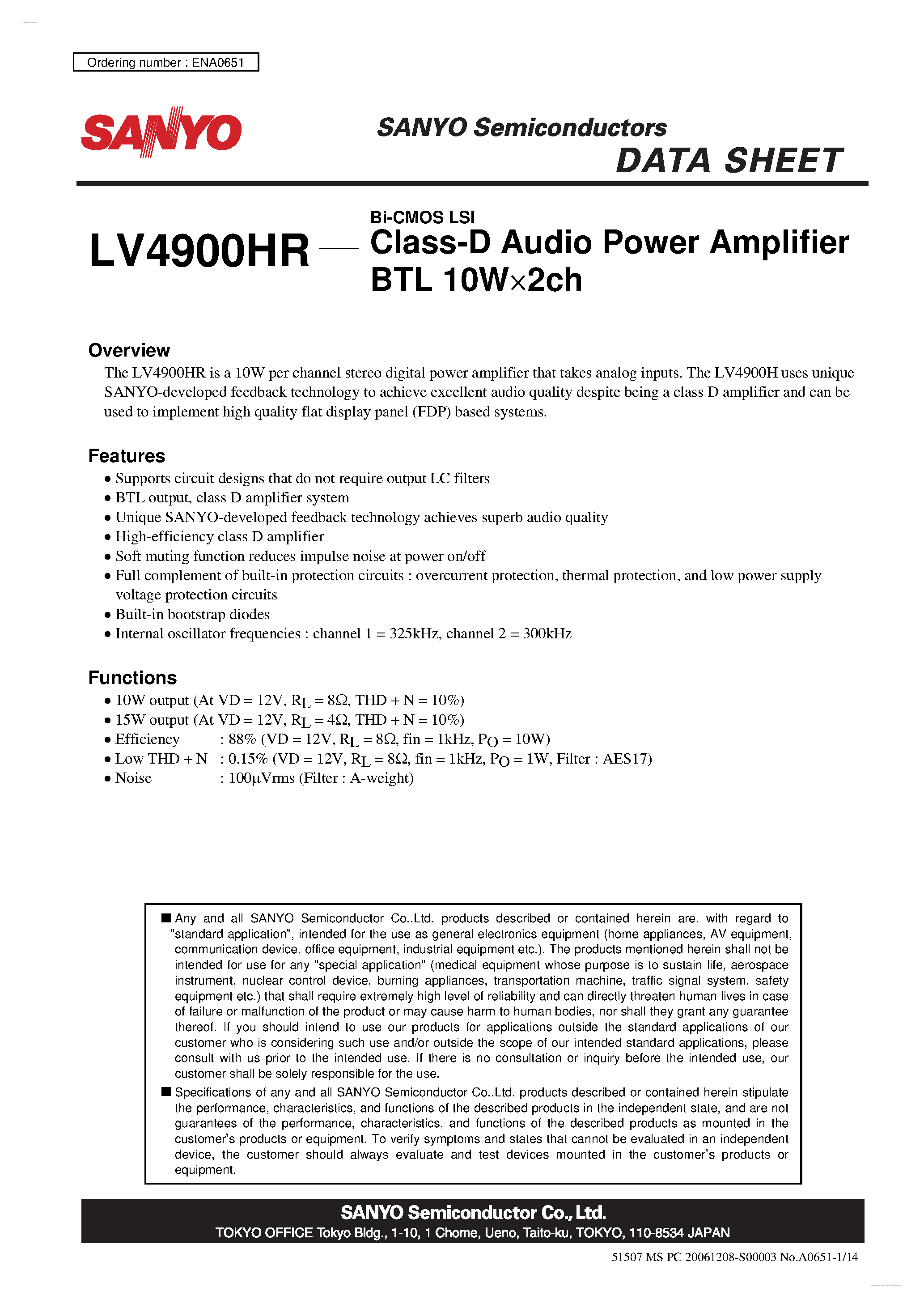 Даташит LV4900HR - Class-D Audio Power Amplifier страница 1