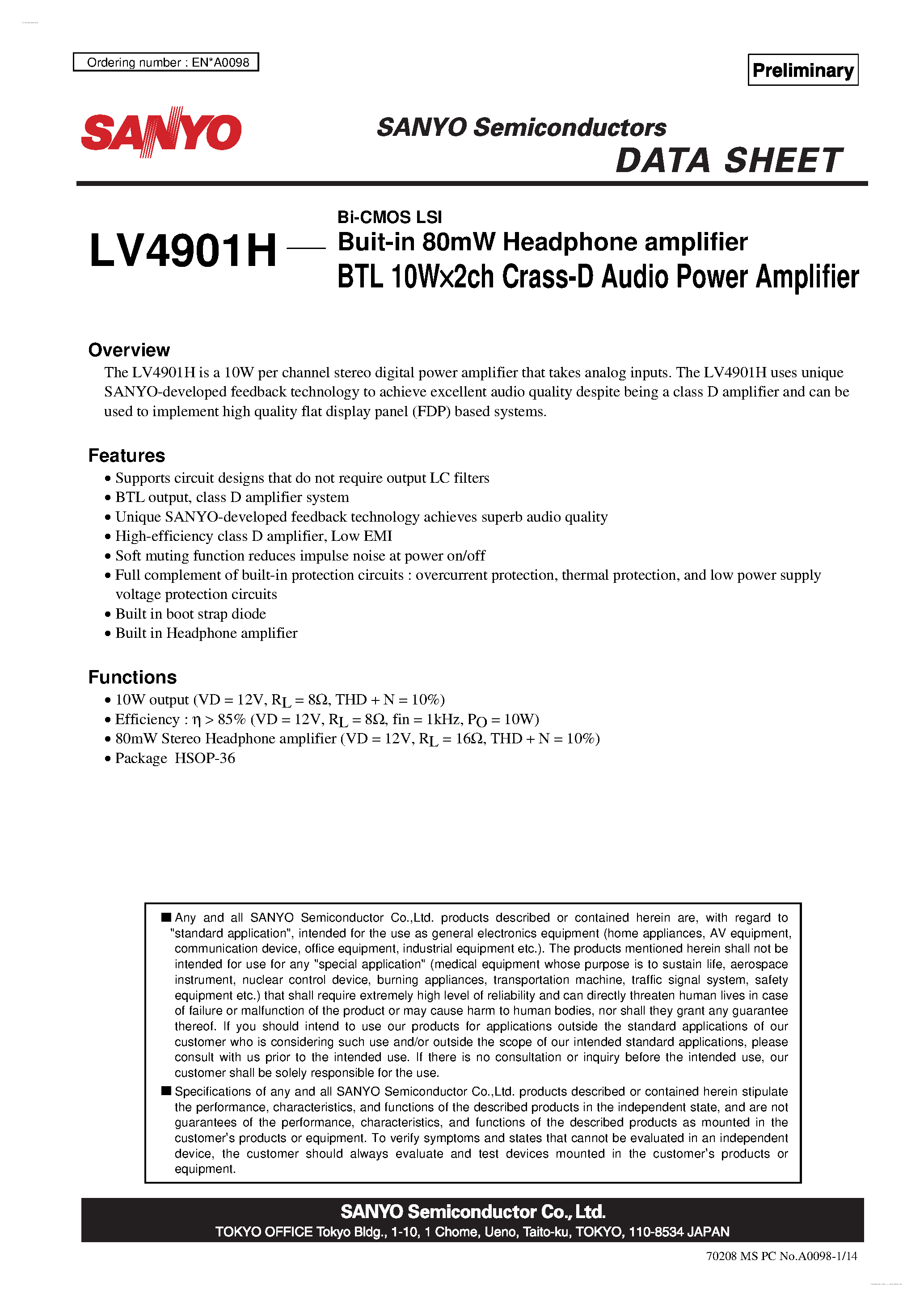 Даташит LV4901H - Class-D Audio Power Amplifier страница 1