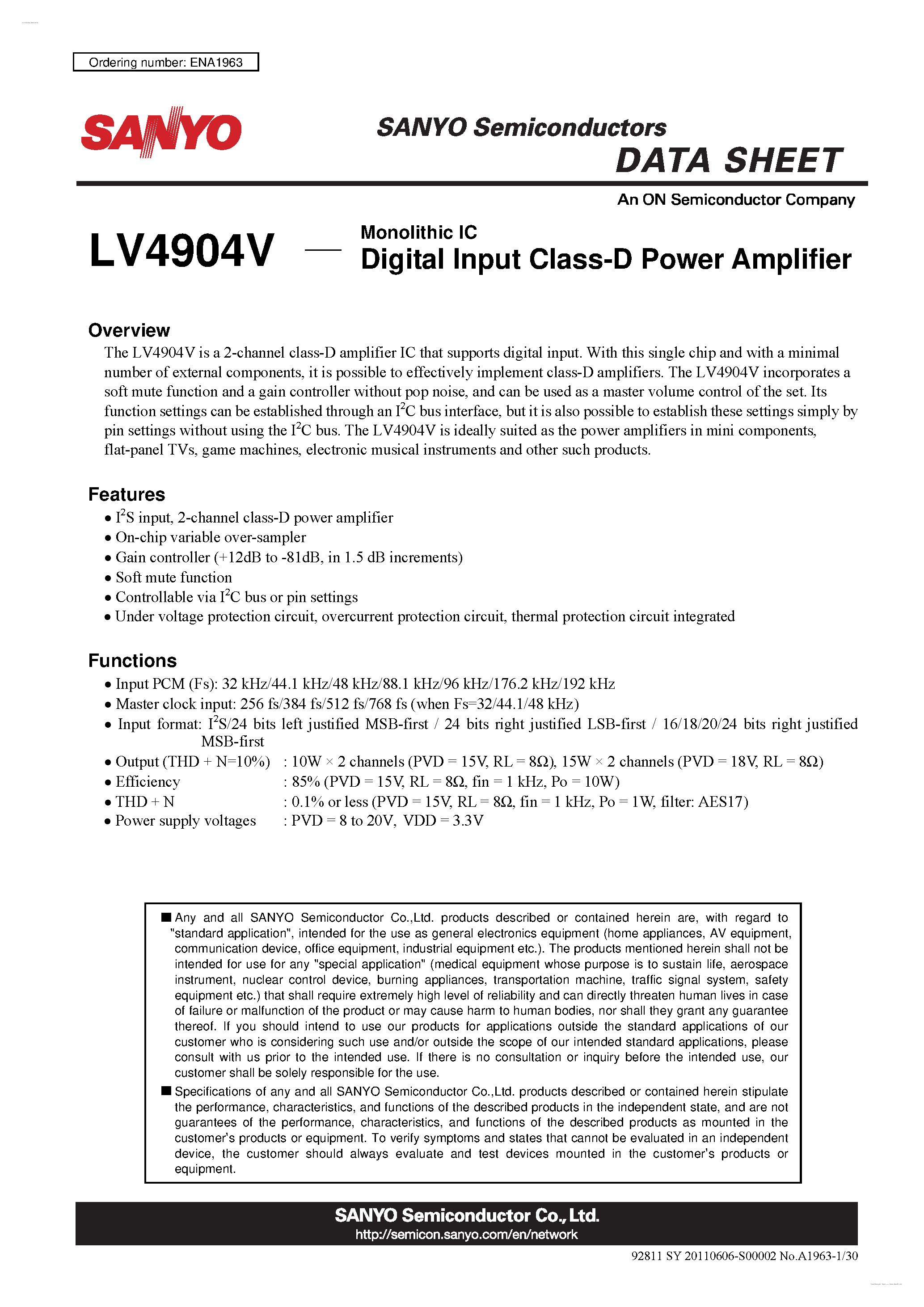 Даташит на микросхему LV4904V страница 1 Даташит LV4904V - Class-D Audio Power Amplifier страница 1