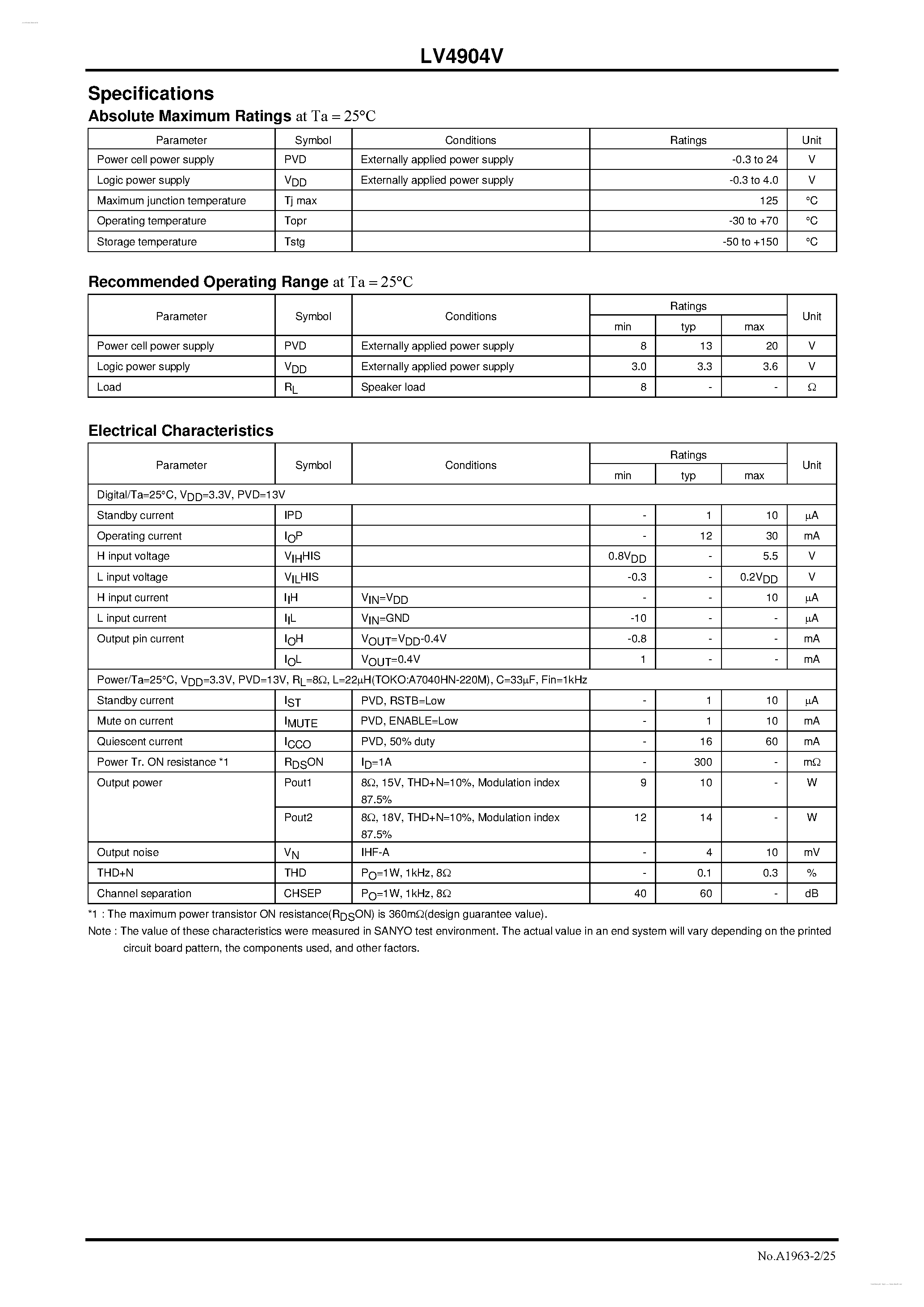 Даташит на микросхему LV4904V страница 2 Даташит LV4904V - Class-D Audio Power Amplifier страница 2