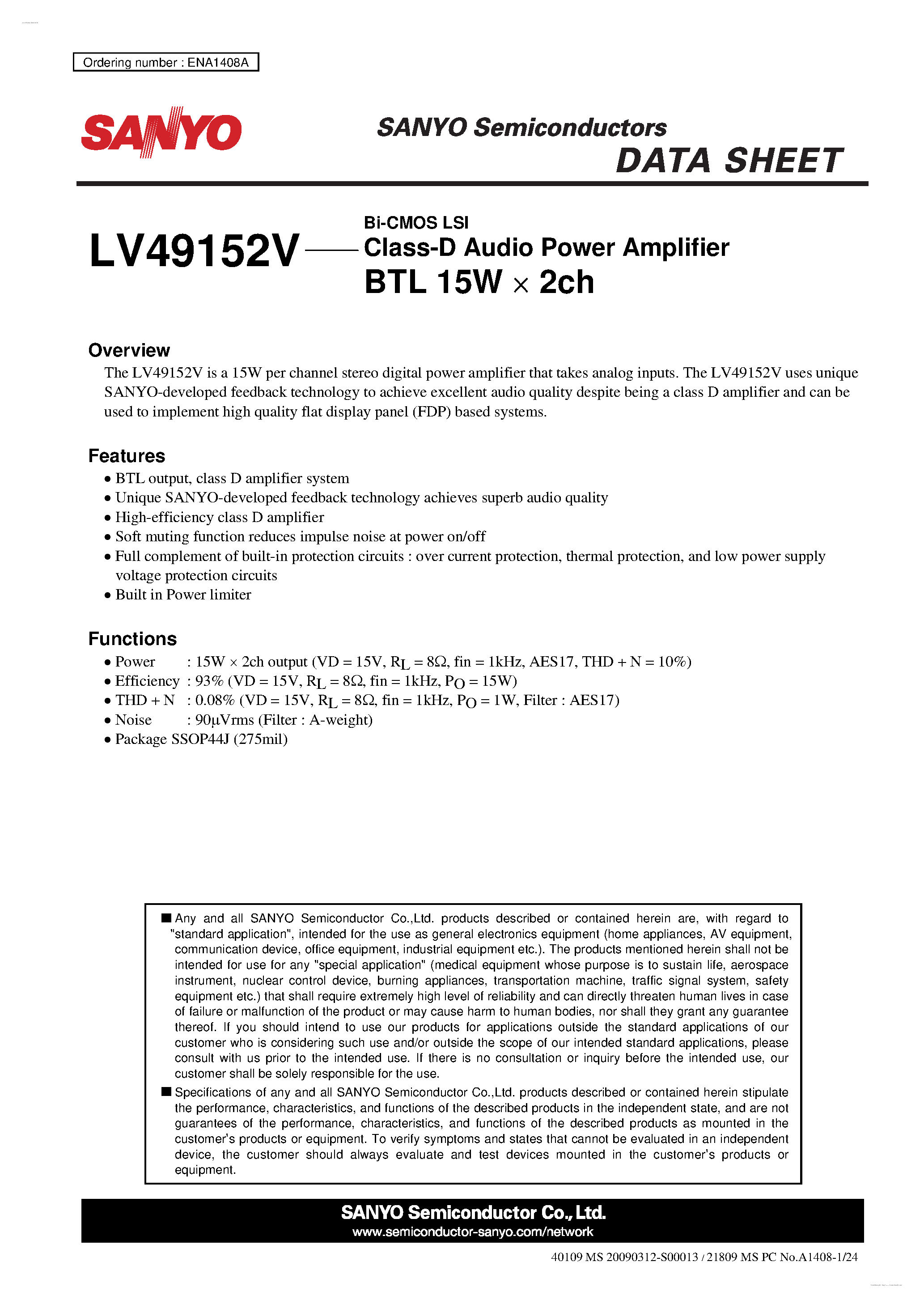 Даташит LV49152V - Class-D Audio Power Amplifier страница 1