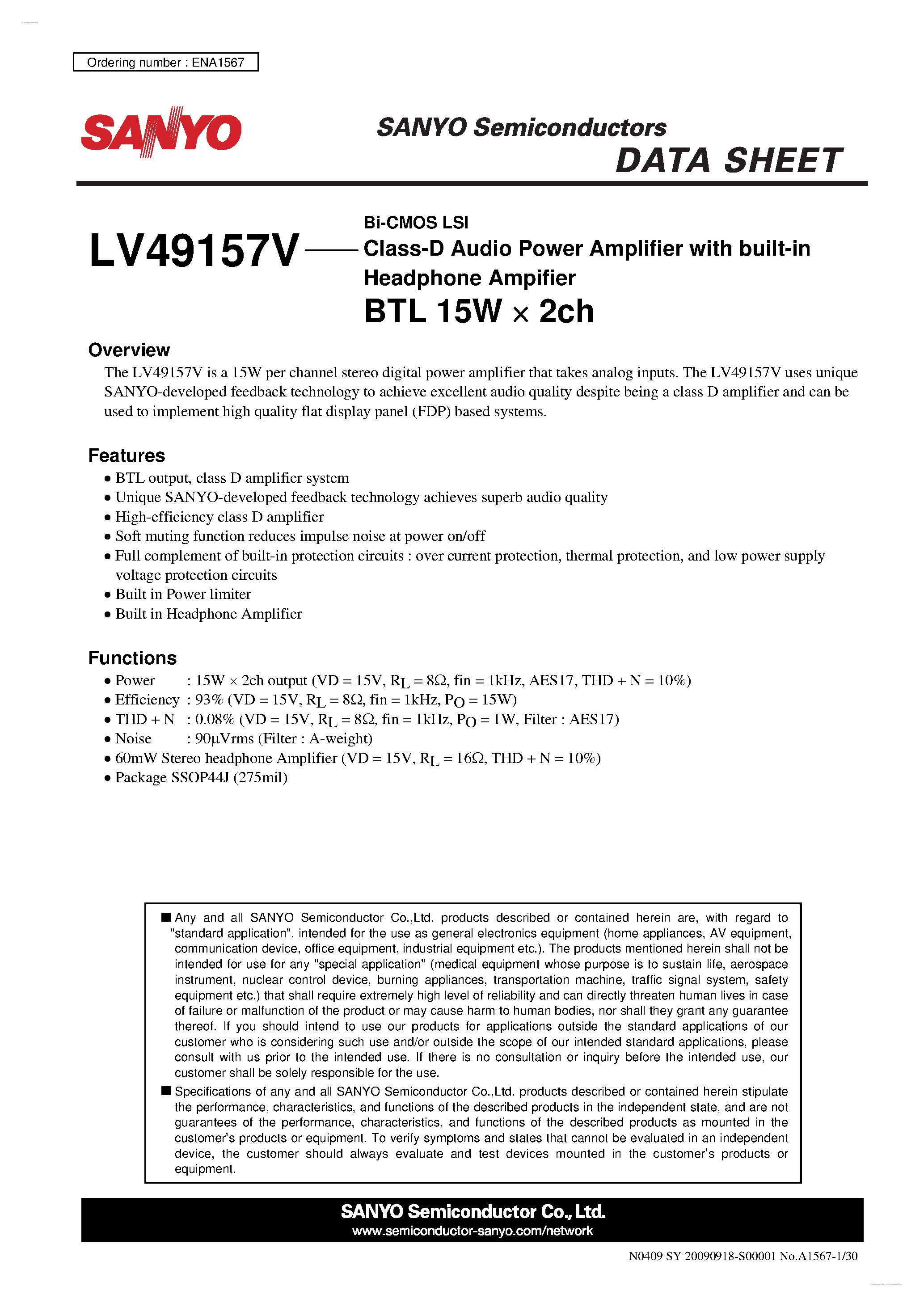 Даташит LV49157V - Class-D Audio Power Amplifier страница 1