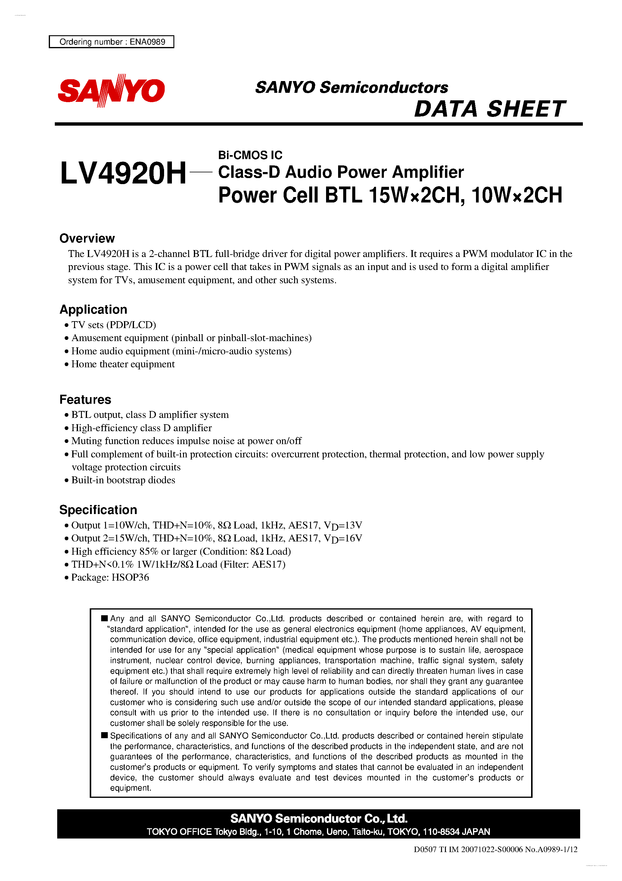 Даташит LV4920H - Class-D Audio Power Amplifier страница 1
