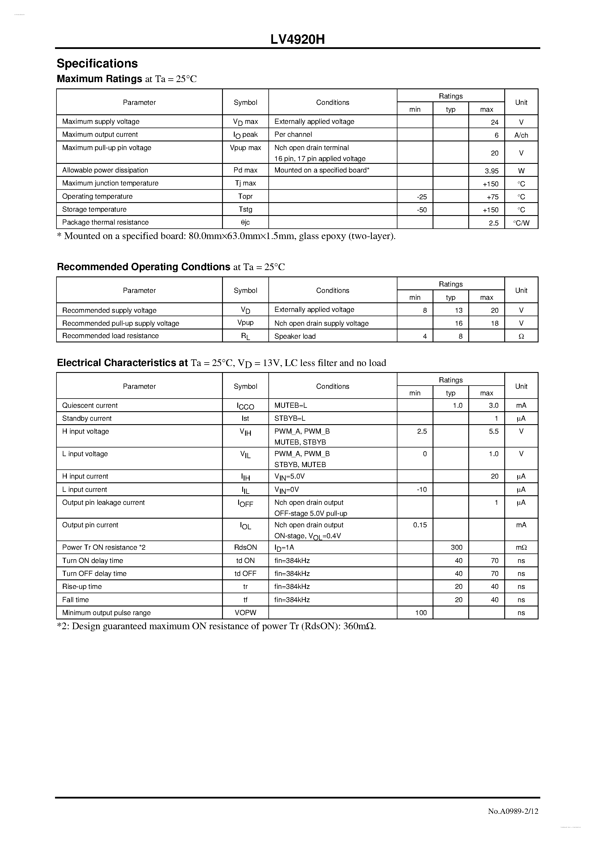 Даташит LV4920H - Class-D Audio Power Amplifier страница 2