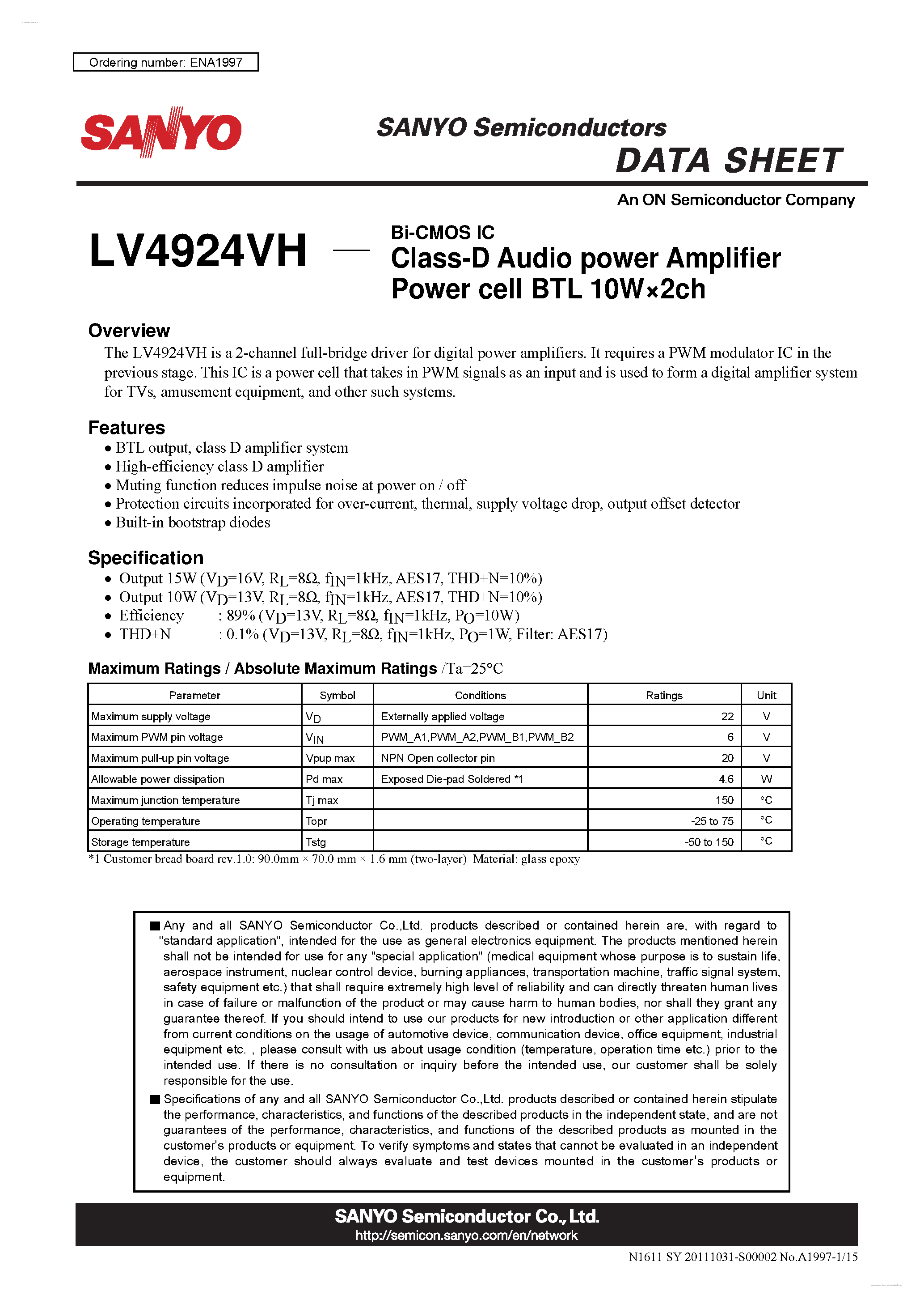 Даташит LV4924VH - Class-D Audio Power Amplifier страница 1