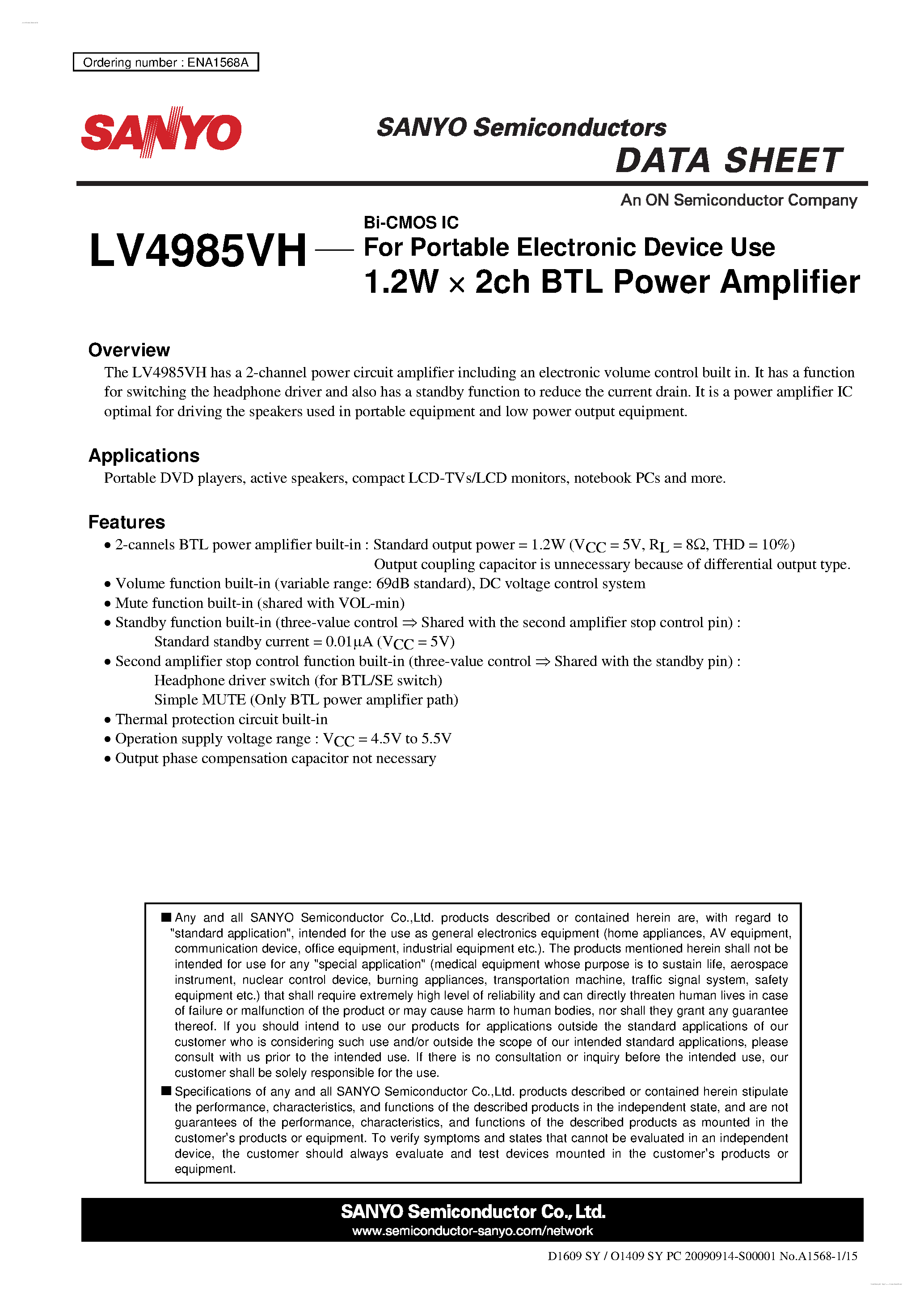 Даташит LV4985VH - 1.2W x 2ch BTL Power Amplifier страница 1
