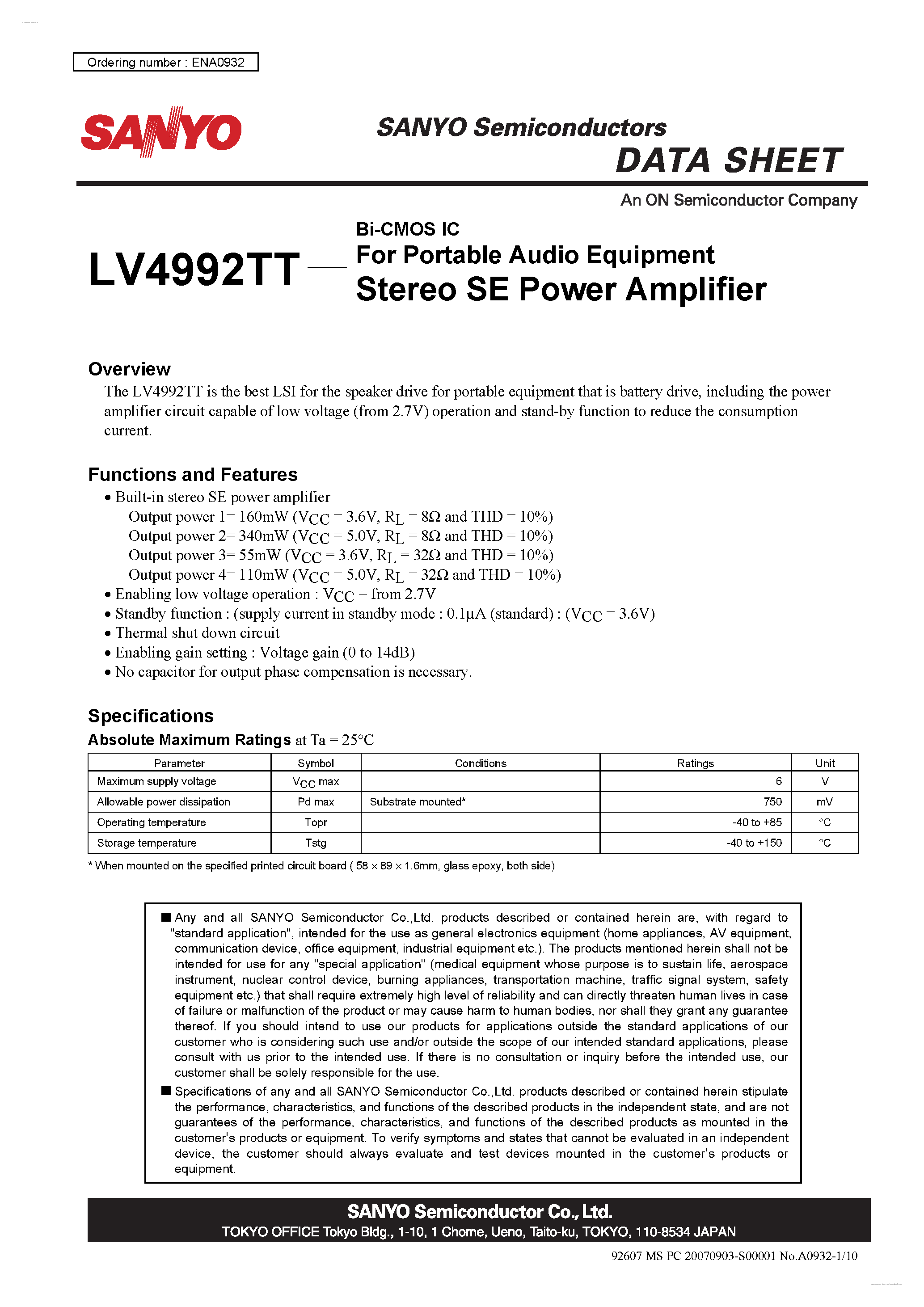 Даташит LV4992TT - Stereo SE Power Amplifier страница 1