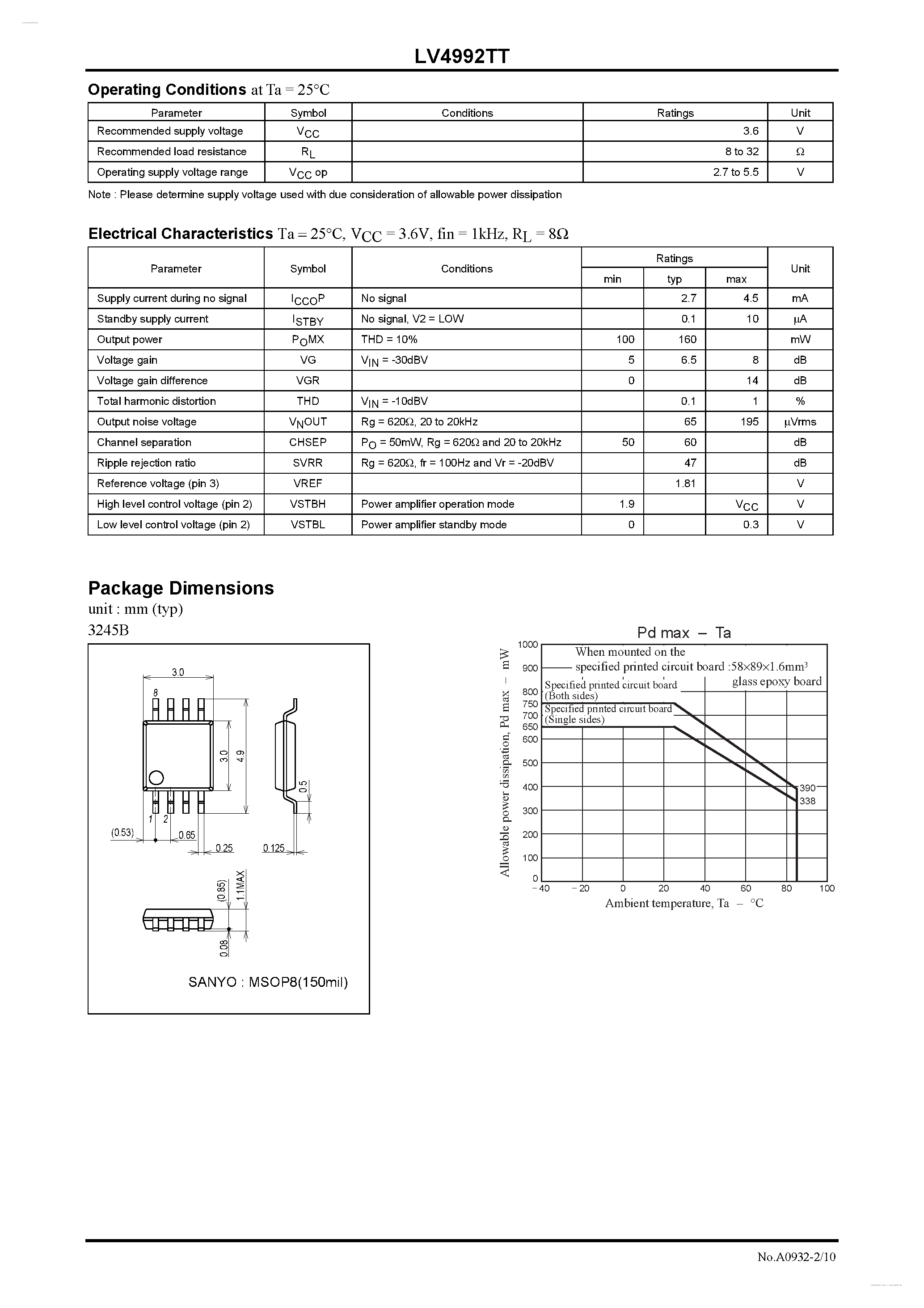 Даташит LV4992TT - Stereo SE Power Amplifier страница 2