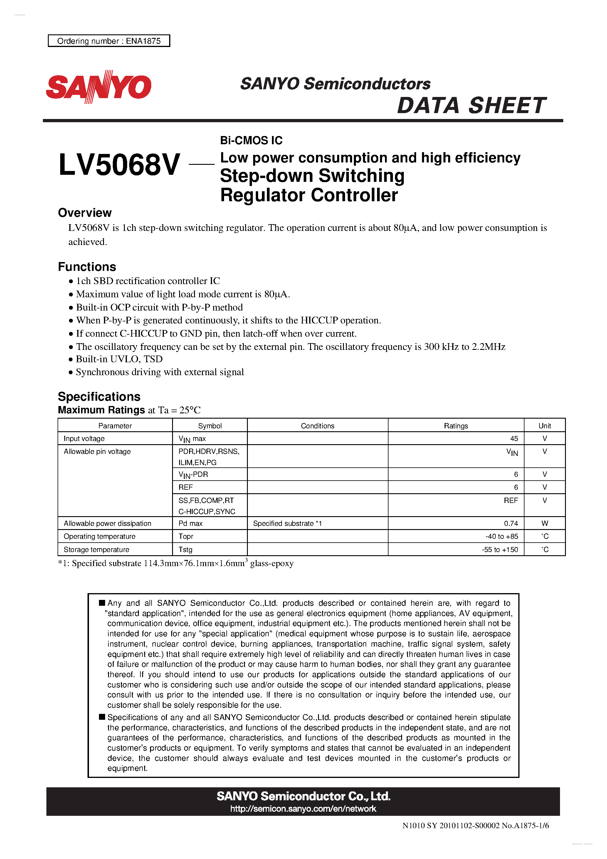Datasheet LV5068V - Step-down Switching Regulator Controller page 1
