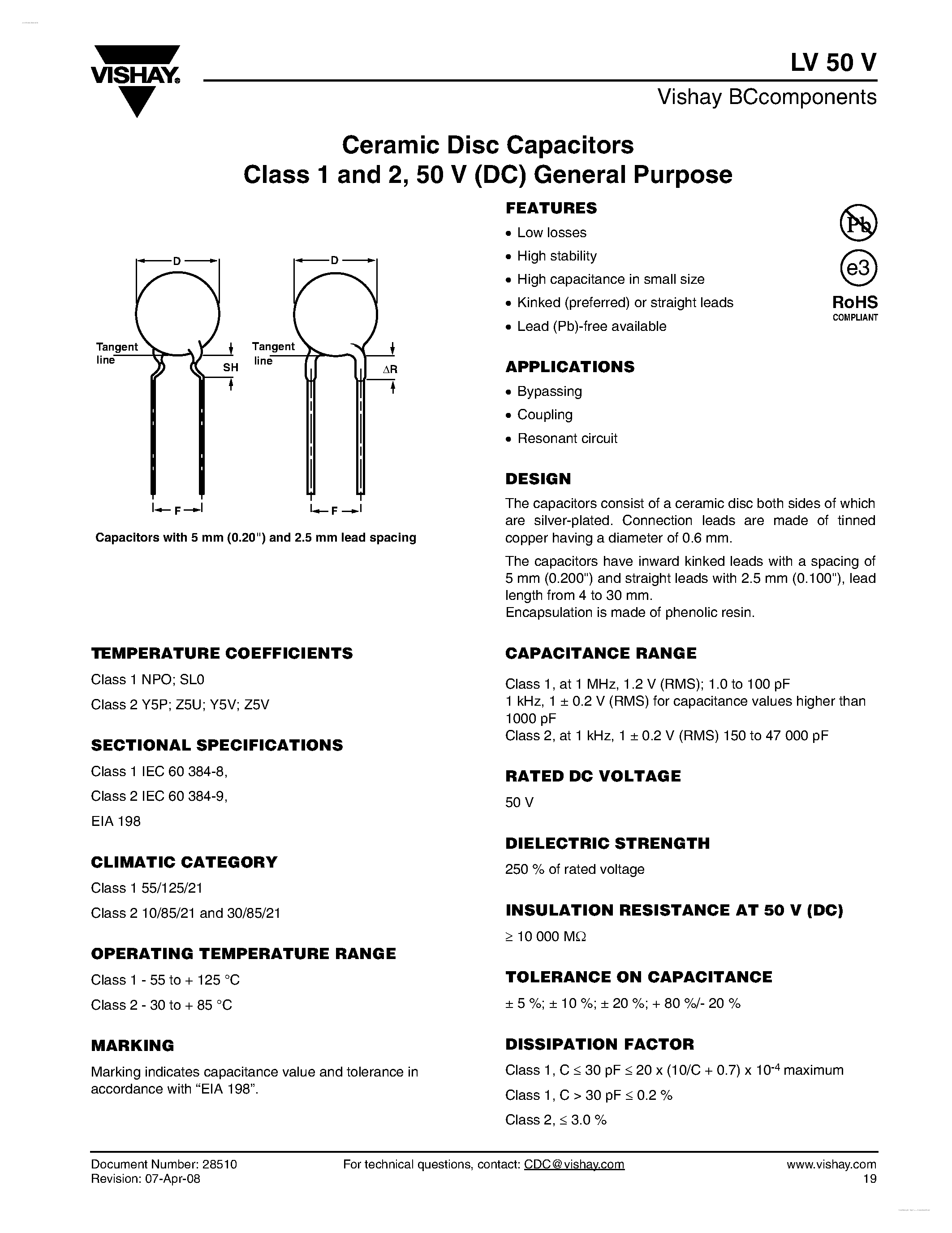 Datasheet LV50V - Ceramic Disc Capacitors page 1