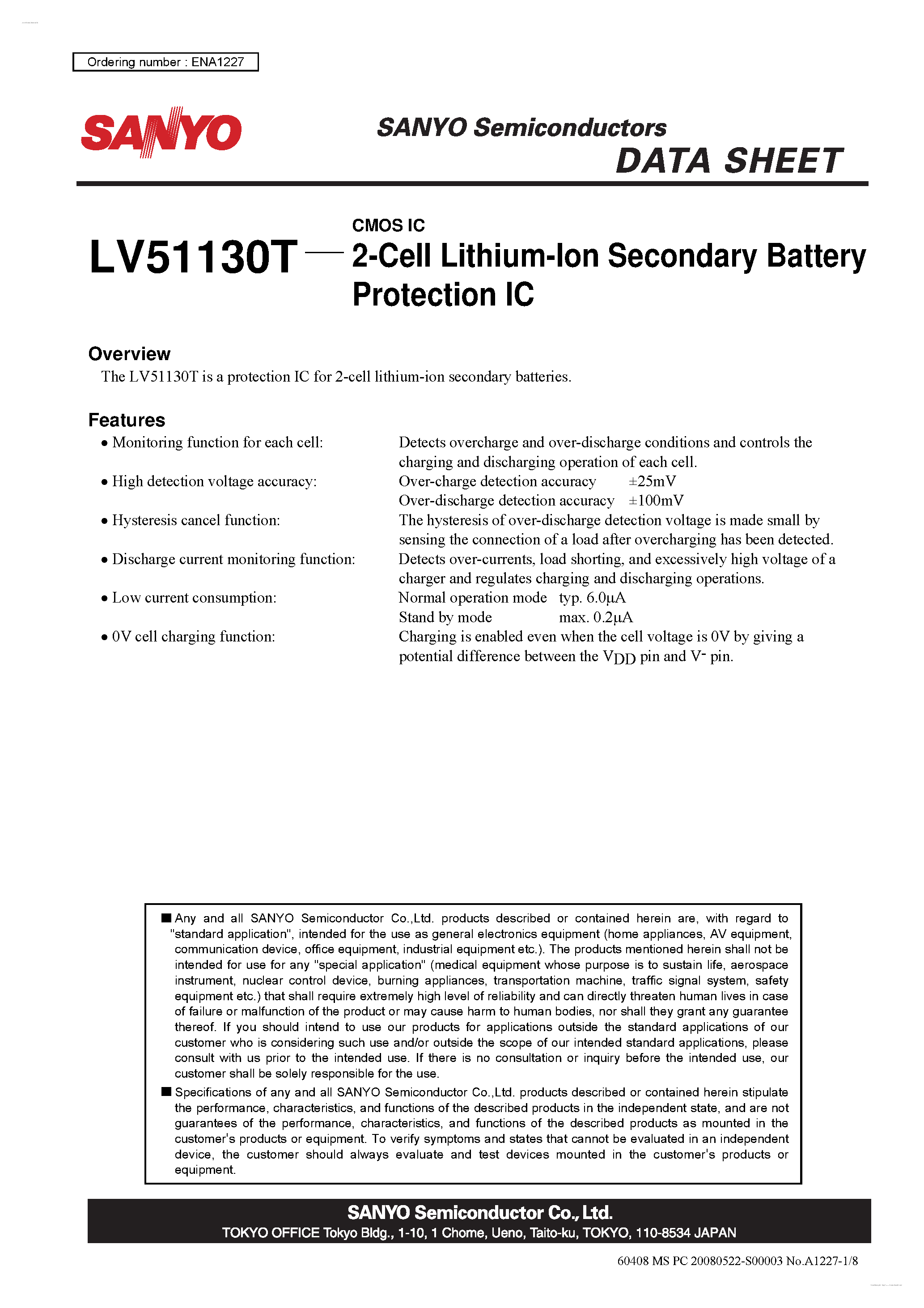 Даташит LV51130T - 2-Cell Lithium-Ion Secondary Battery Protection IC страница 1