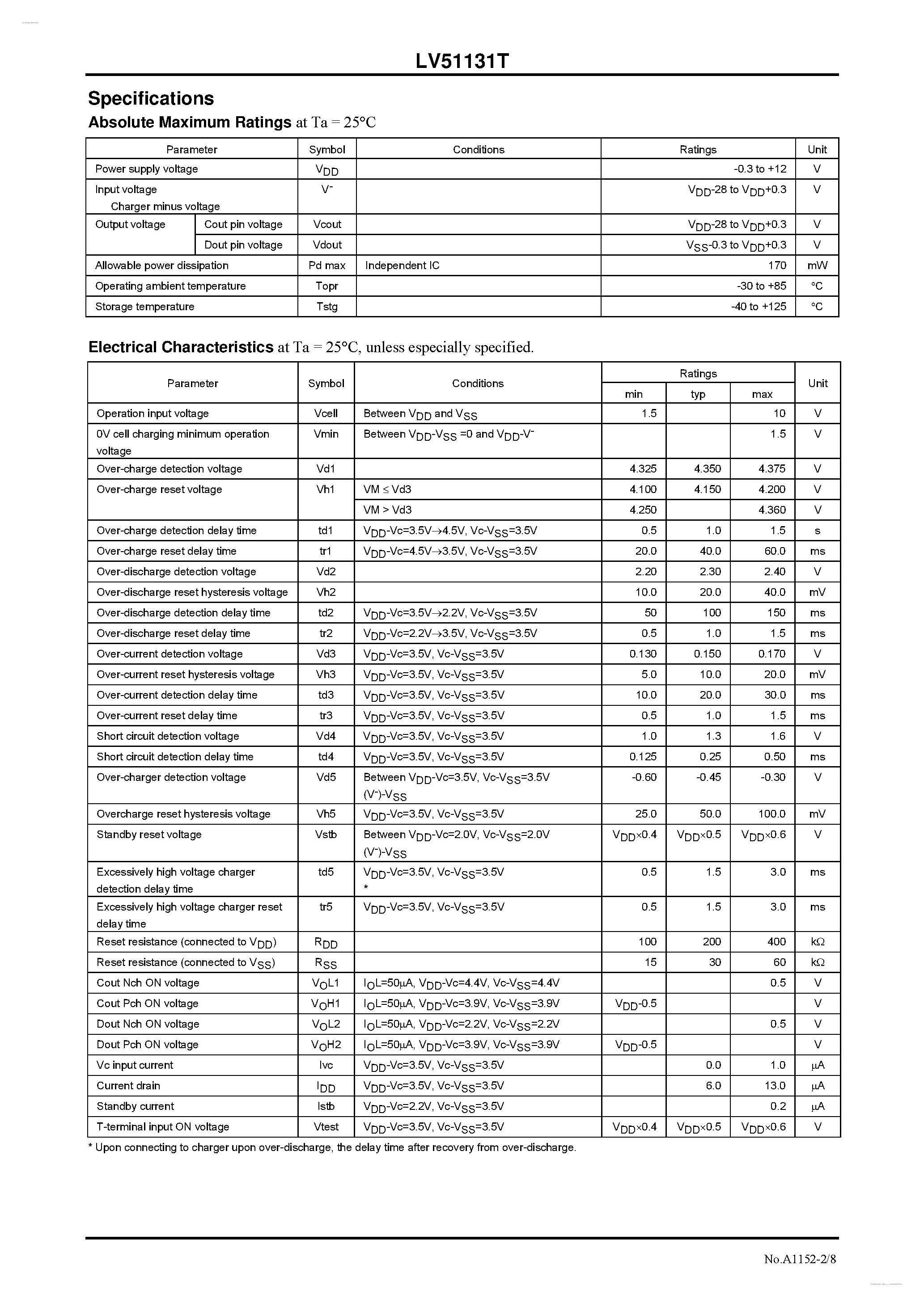 Даташит LV51131T - 2-Cell Lithium-Ion Secondary Battery Protection IC страница 2